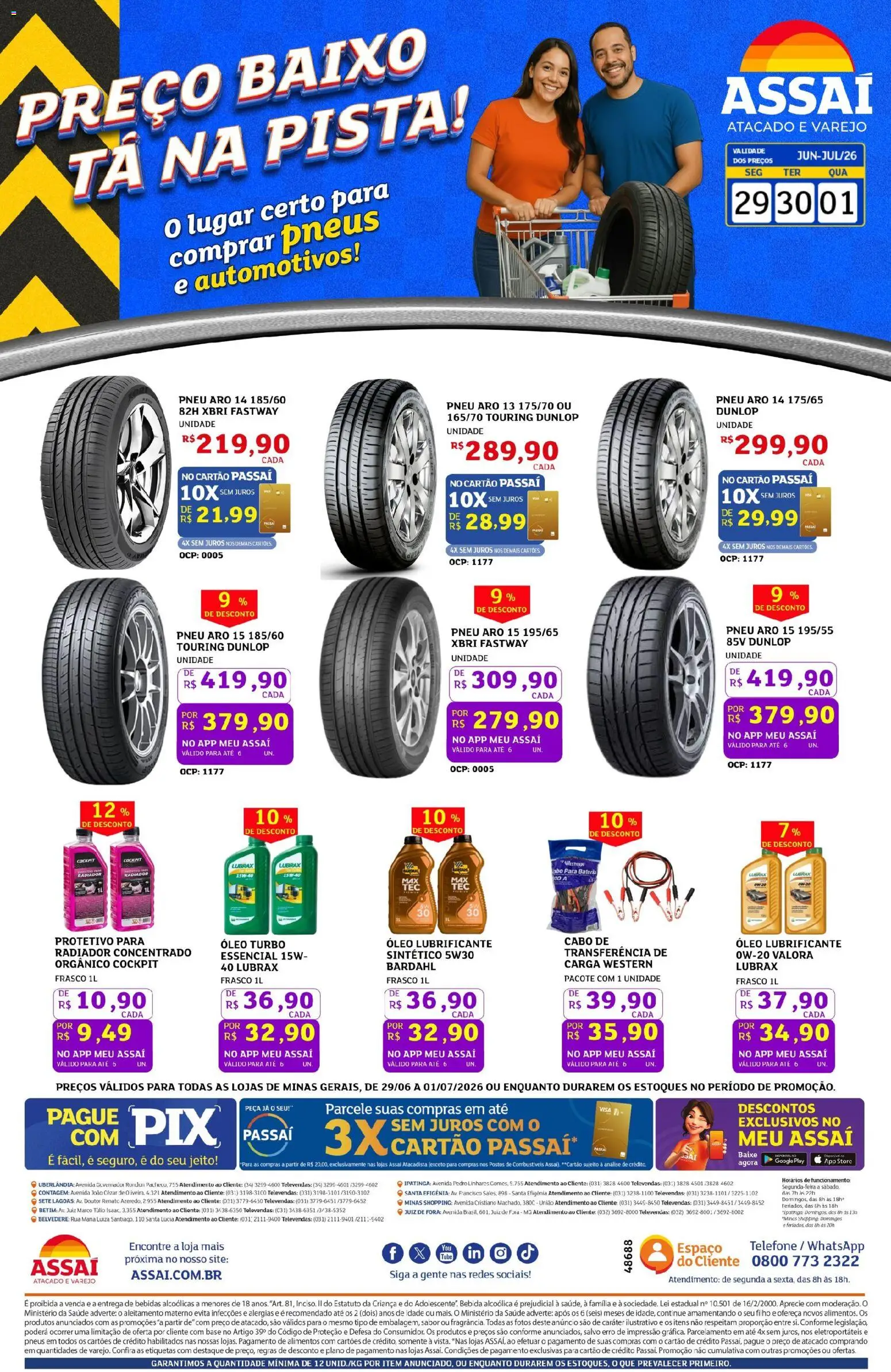 Assaí Atacadista Folheto - válido de 29/06/2026 | Página: 1 | Produtos: Radiador, Óleo, Pneus, Bebida