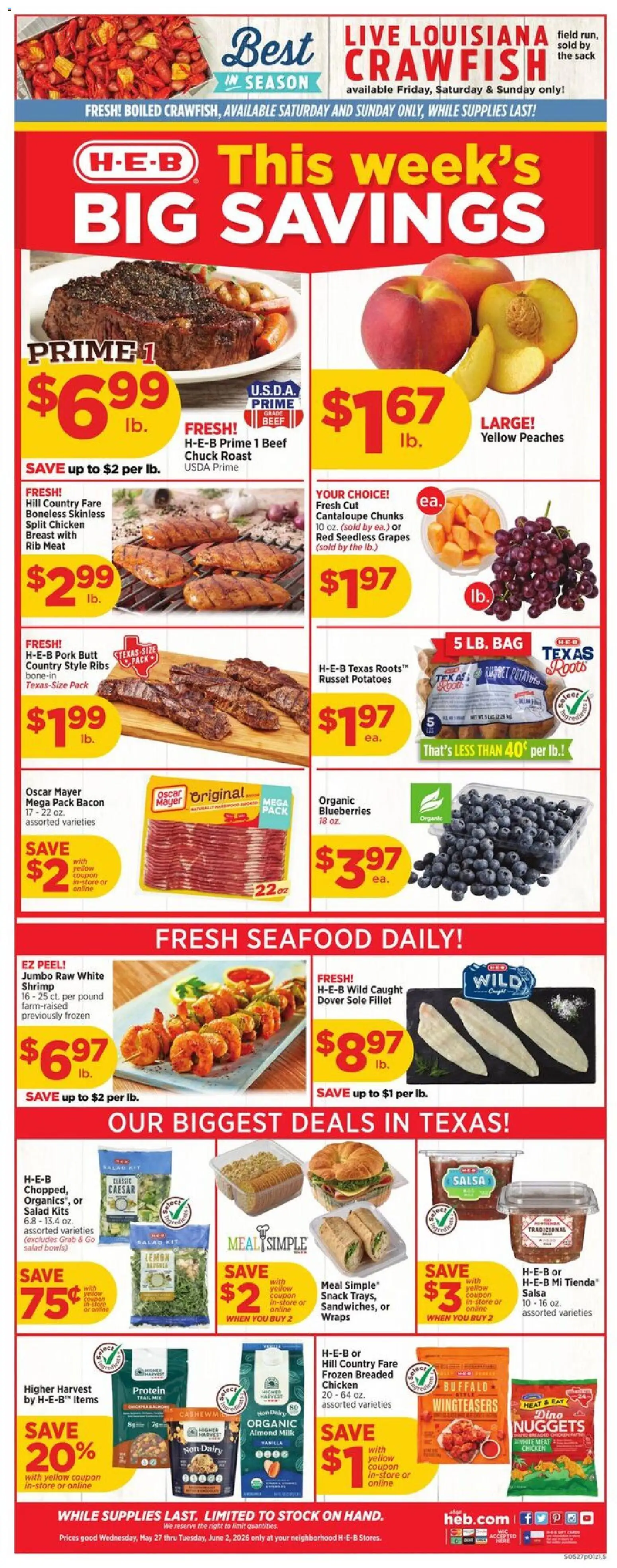 H-E-B Weekly Ad - valid from 27.05.2026 | Page: 1 | Products: Beef, Potatoes, Blueberries, Bag