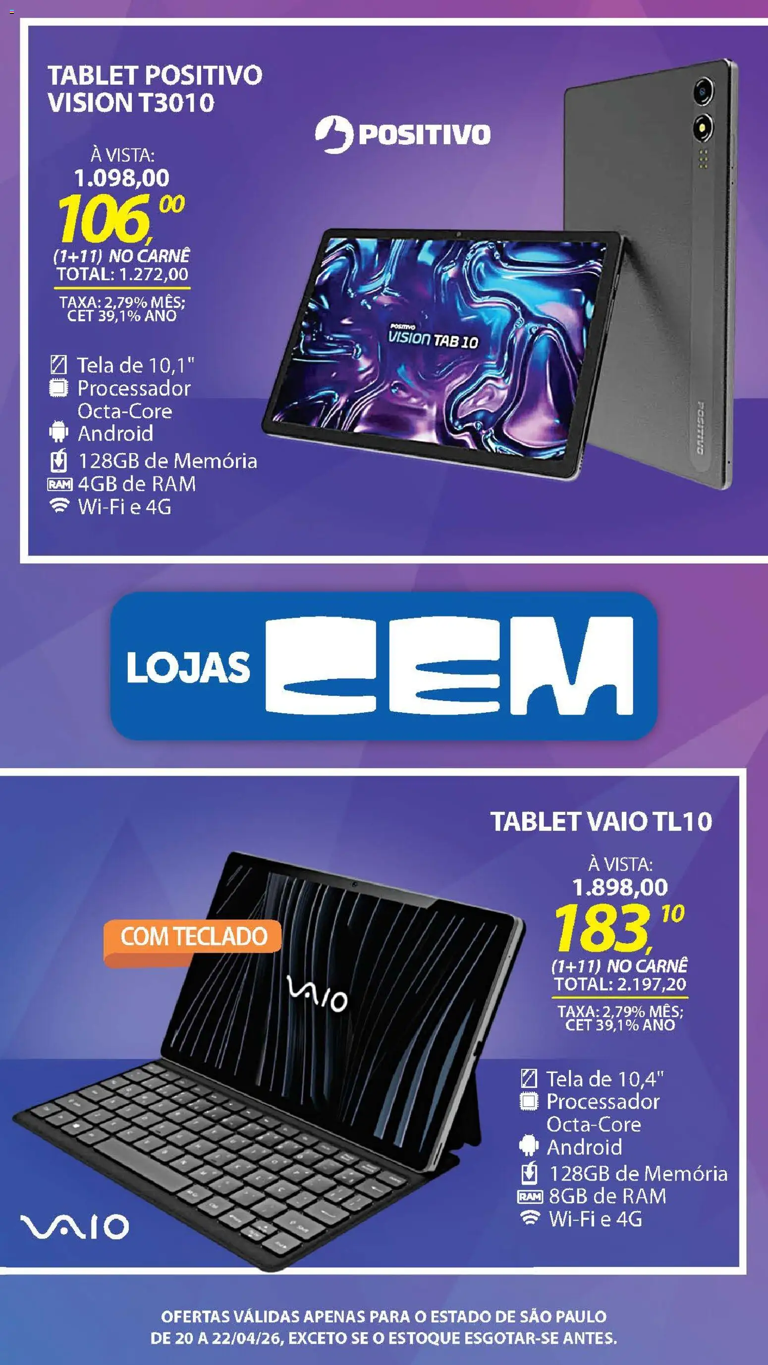 Lojas Cem Folheto - válido de 20.04.2026 | Página: 13 | Produtos: Tablet, Memória ram, Tela, Carne