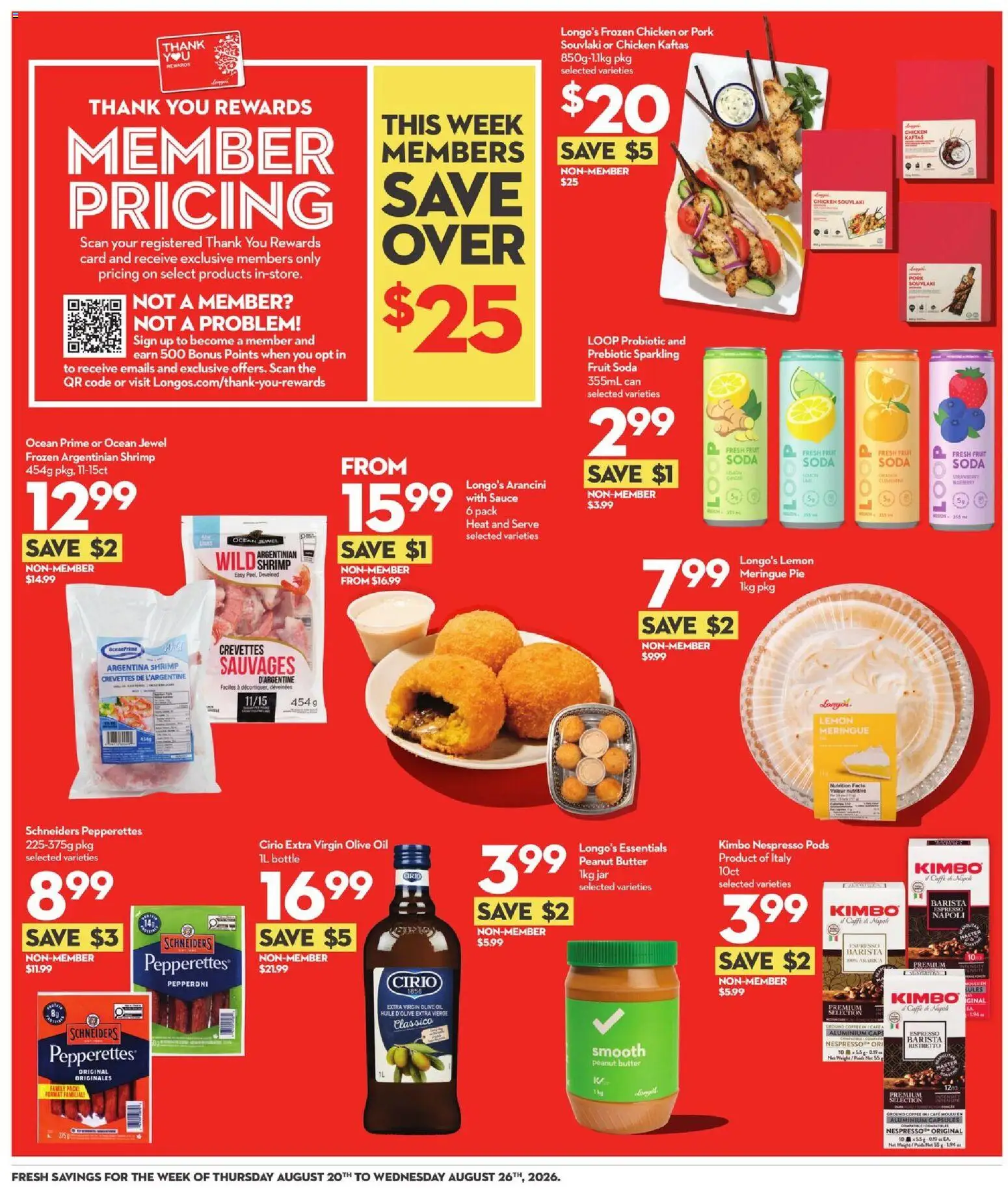 Longo's flyer valid from Aug 20, 2026 | Page: 4 | Products: Frozen chicken, Oil, Coffee, Pork