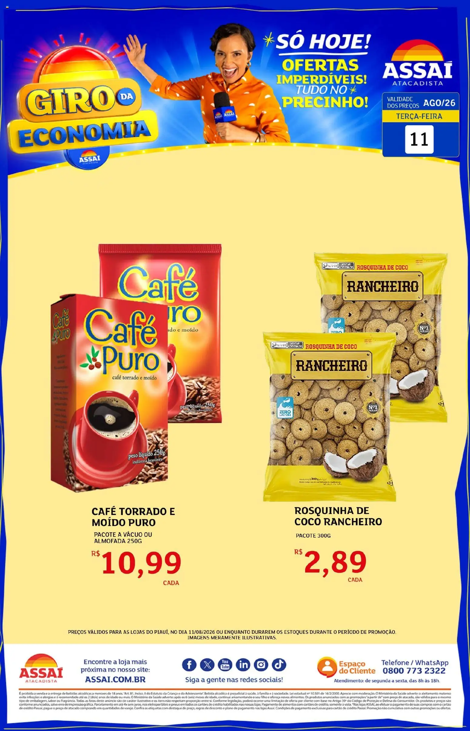 Assaí Atacadista Folheto - válido de 11/08/2026 | Página: 1 | Produtos: Bebidas, Café, Pneus, Telefone