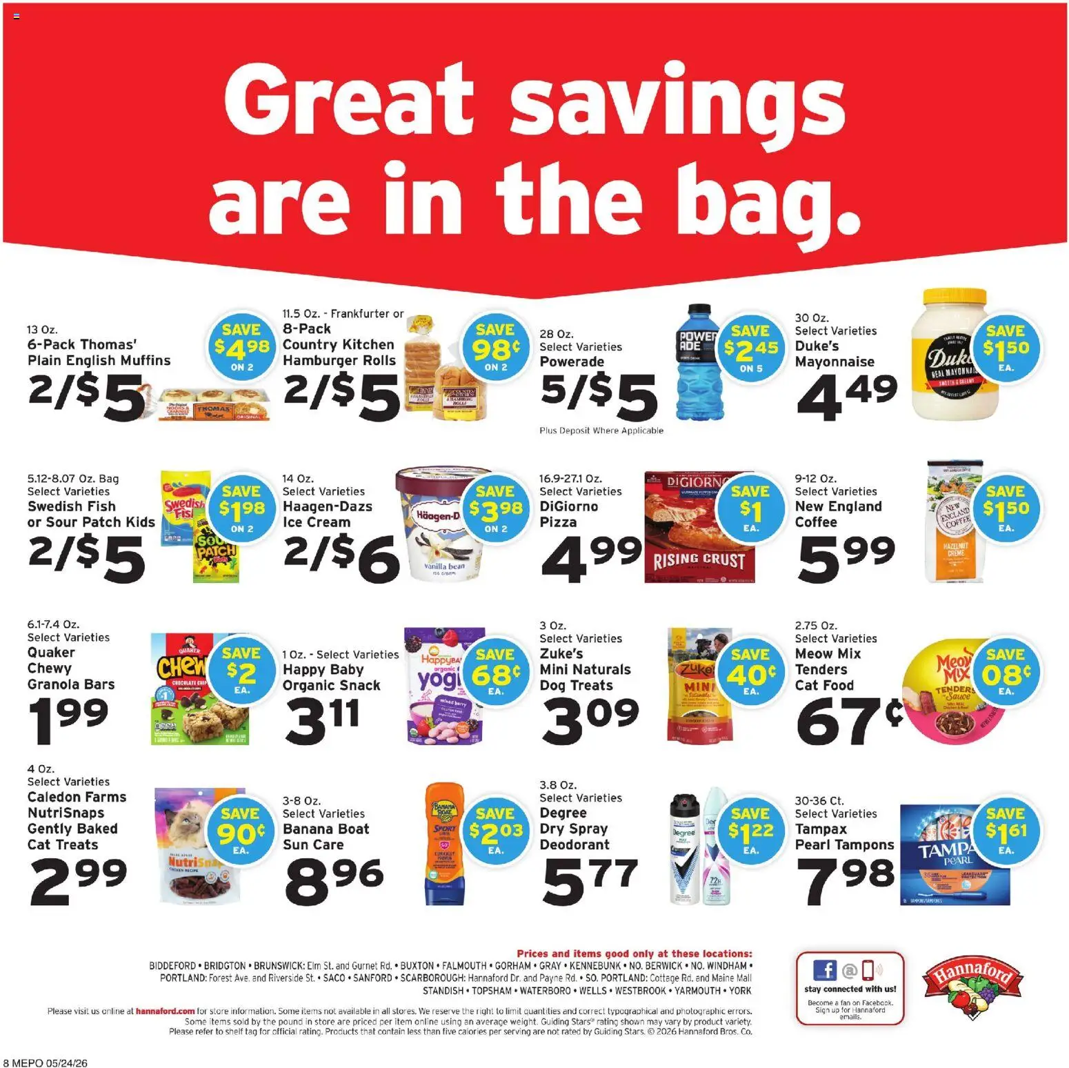 Hannaford Weekly Ad - valid from 24.05.2026 | Page: 8 | Products: Dog Treats, Chocolate, Fish, Cream