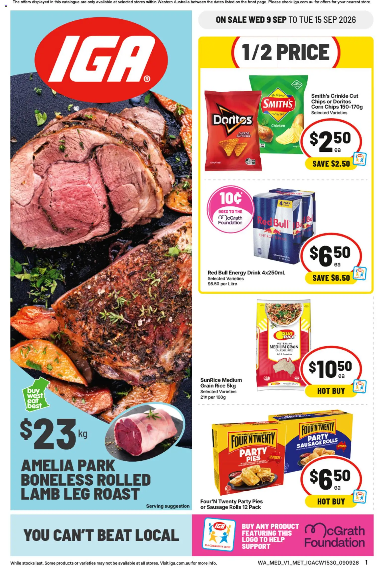 IGA catalogue - valid from 09/09/2026 | Page: 1 | Products: Energy drink, Lamb, Pies, Foundation