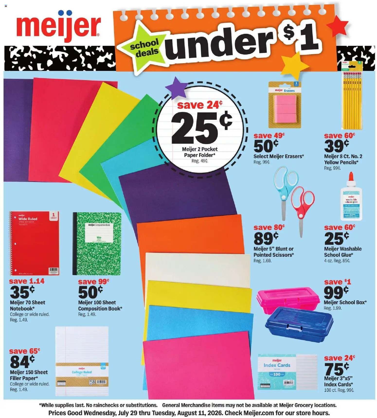 Meijer Back to School Deals - valid from 07/29/2026 | Page: 1 | Products: Notebook, Sheet