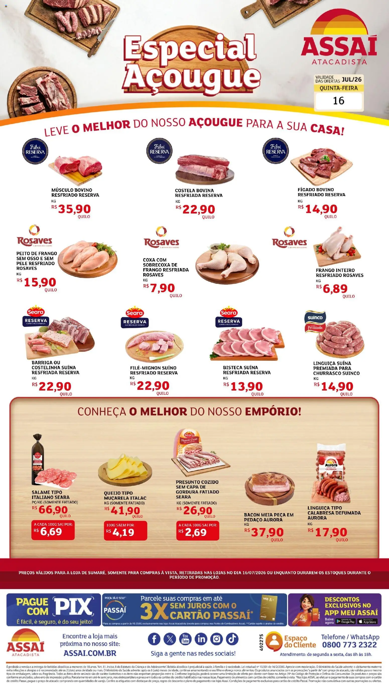 Assaí Atacadista Folheto - válido de 16/07/2026 | Página: 1 | Produtos: Linguiça, Salame, Base, Telefone