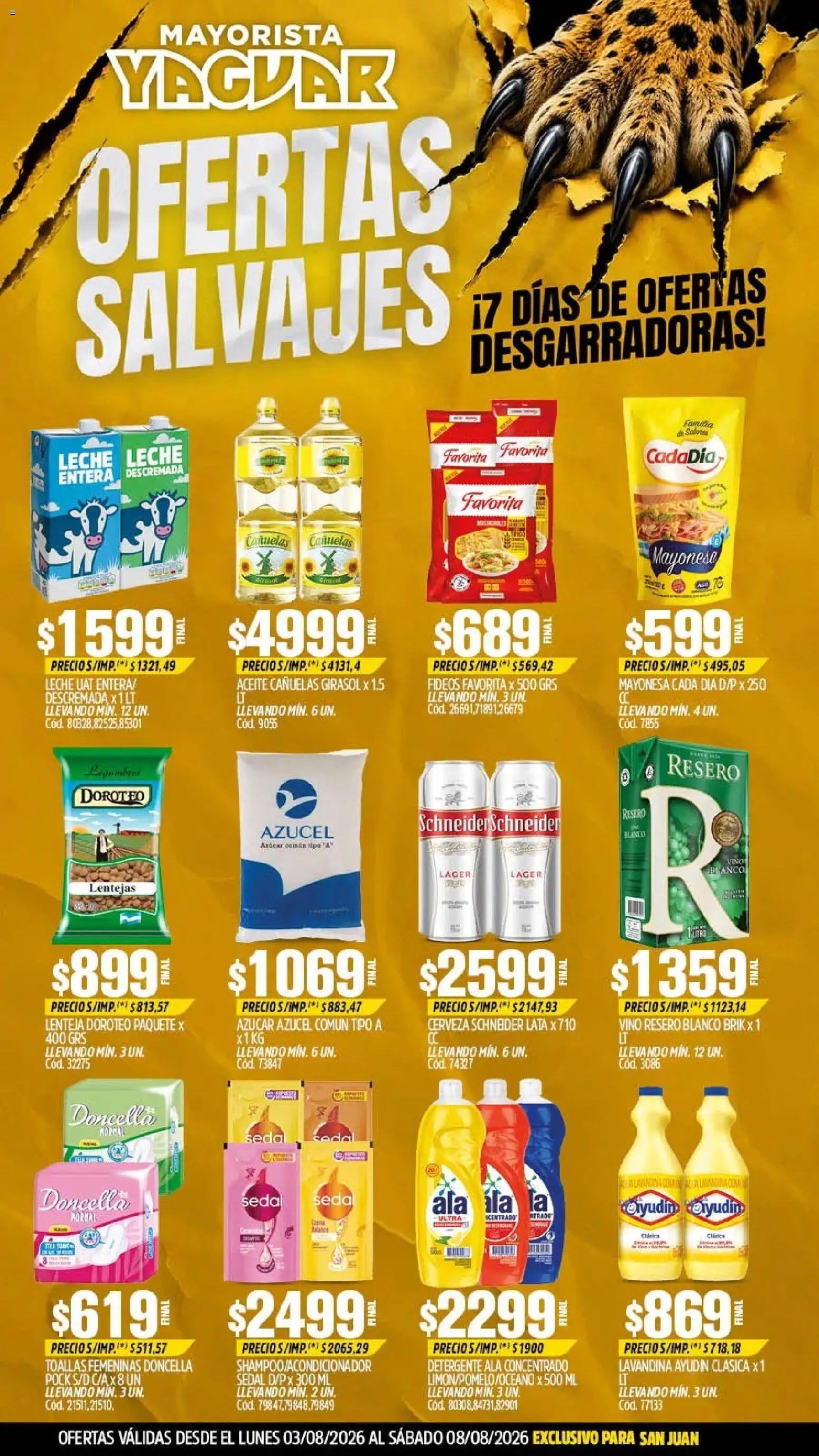 Yaguar - Oferta Semanal San Juan │ válido desde el 03/08/2026 | Página: 1 | Productos: Toallas, Lentejas, Leche, Cerveza