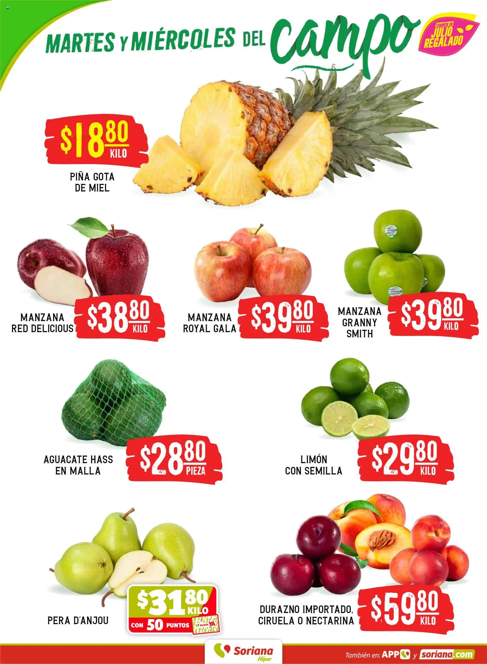 Nuevas ofertas de Soriana válidas en toda la República Mexicana desde el 21/07/2026. ¡Encuentra las mejores ofertas en Soriana Martes y Miércoles del Campo Híper: Nuevo León, Ciudad Victoria y Tampico! | Página: 2 | Productos: Pera, Manzana, Aguacate, Malla