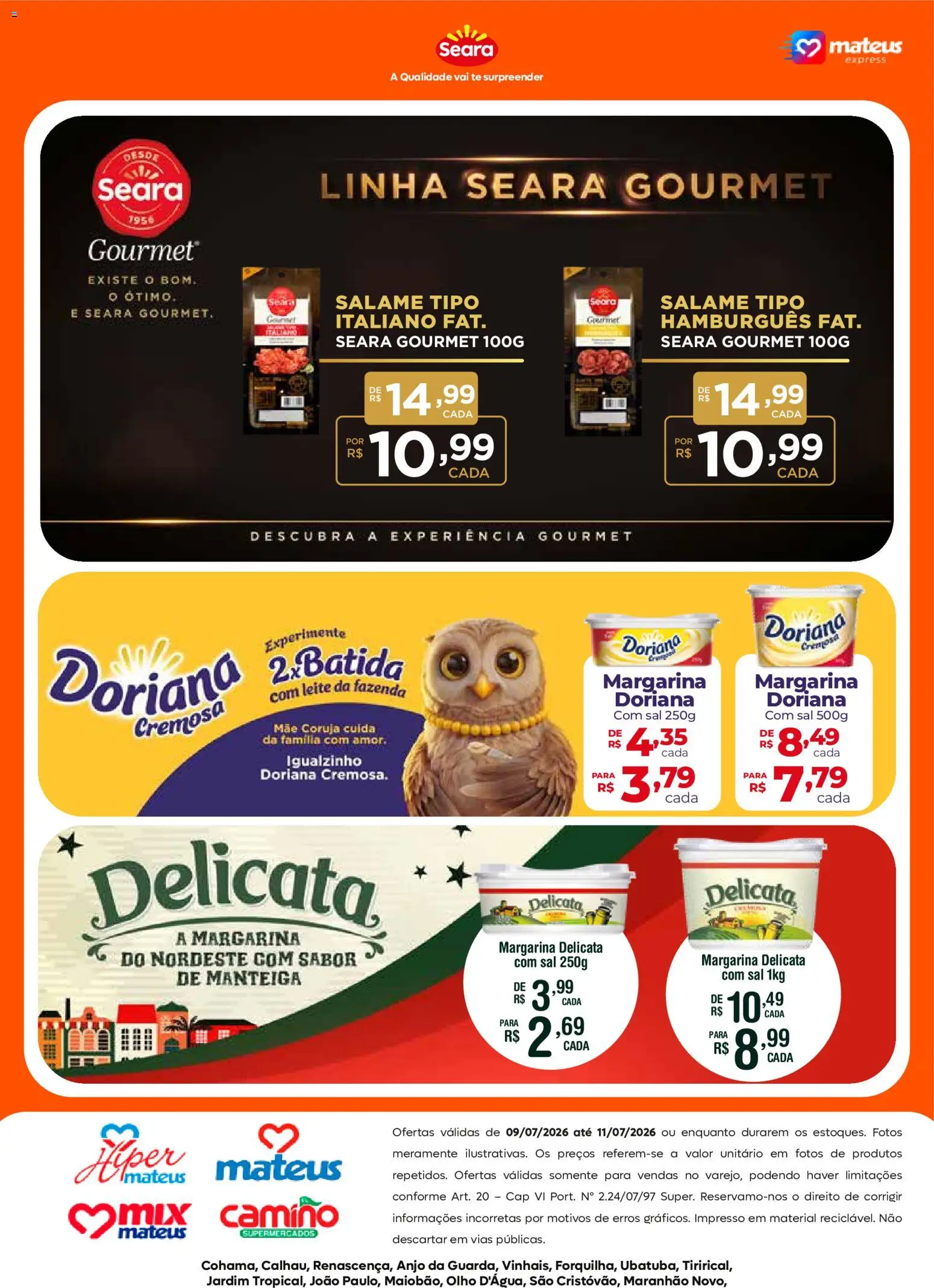 Mateus Folheto - válido de 09/07/2026 | Página: 2 | Produtos: Doriana, Manteiga, Salame, Margarina