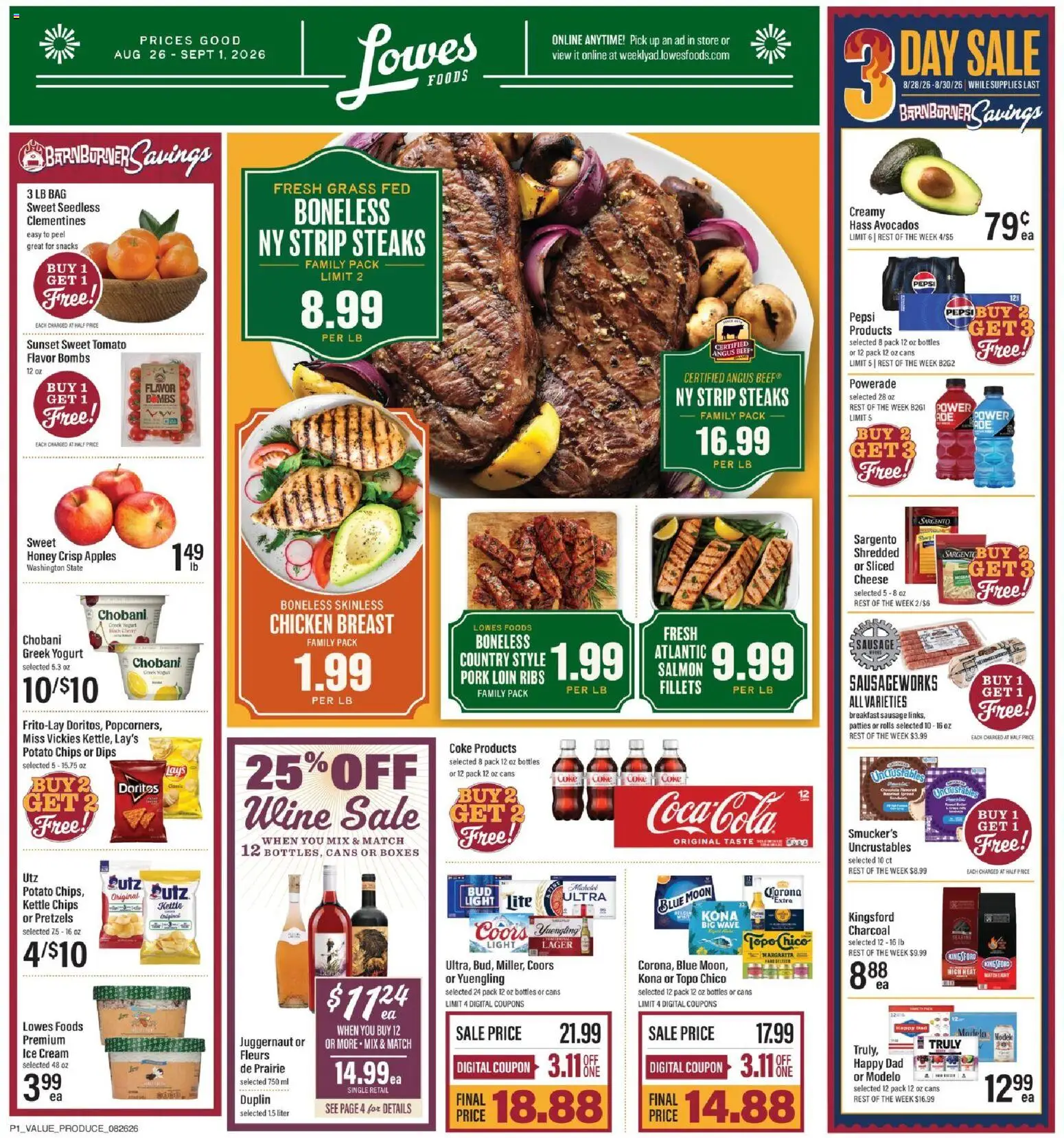 Lowes Foods Weekly Ad - valid from 08/26/2026 | Page: 1 | Products: Pork, Chips, Cream, Pepsi
