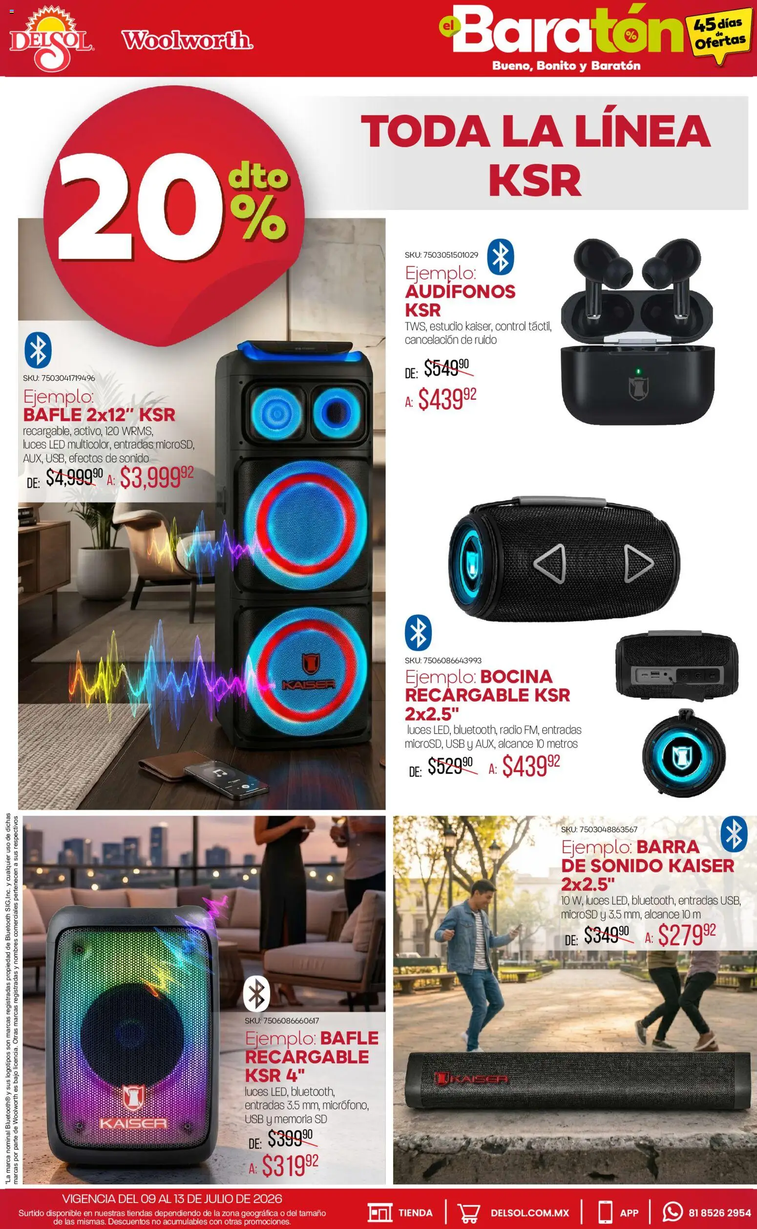 Nuevas ofertas de Del Sol y Woolworth válidas en toda la República Mexicana desde el 09/07/2026. ¡Encuentra las mejores ofertas en Del Sol y Woolworth catálogo Bueno, Bonito y Baratón! | Página: 13 | Productos: Usb, Radio, Audífonos, Barra