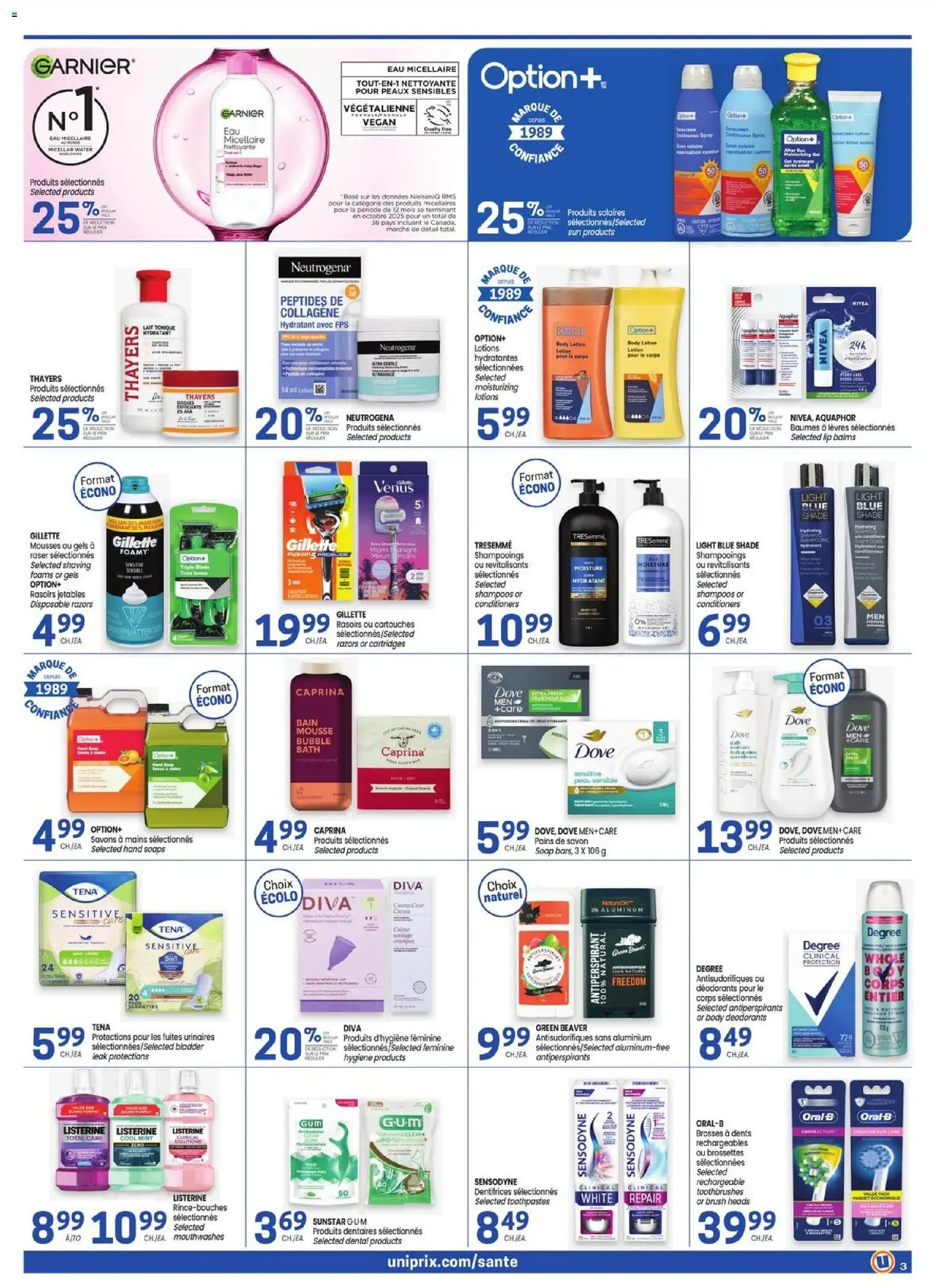 Uniprix flyer valid from Aug 20, 2026 | Page: 3 | Products: Water, Listerine, Brush, Micellar water
