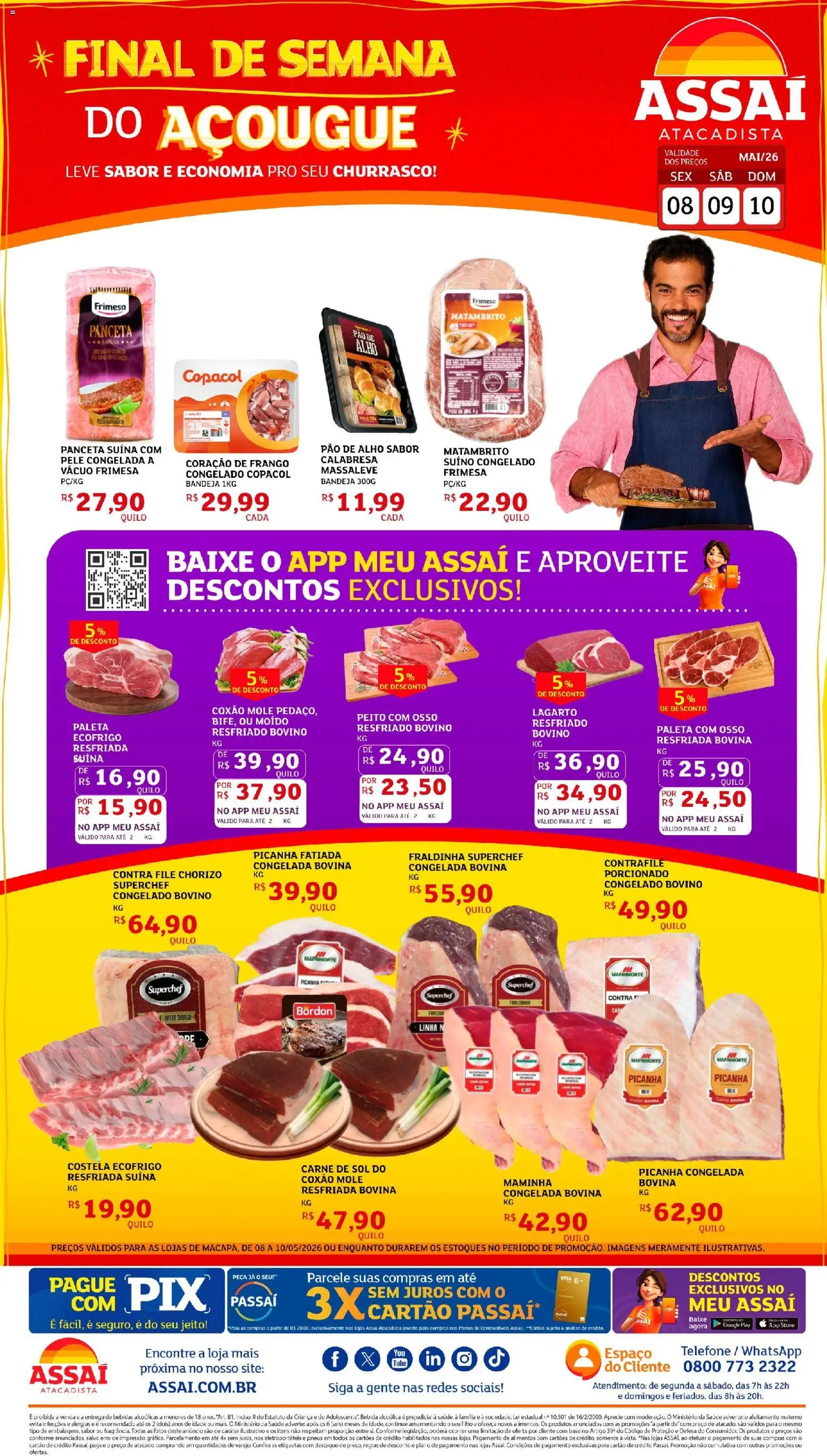 Assaí Atacadista Folheto - válido de 08.05.2026 | Página: 1 | Produtos: Picanha, Pão, Pneus, Bandeja