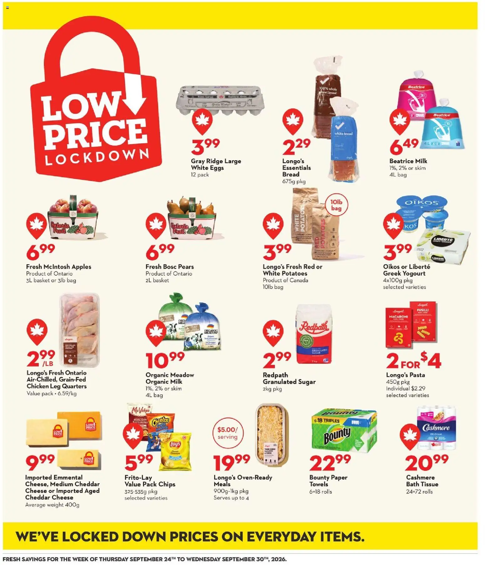 Longo's flyer valid from Sep 24, 2026 | Page: 16 | Products: Granulated sugar, Ridge, Towels, Chicken