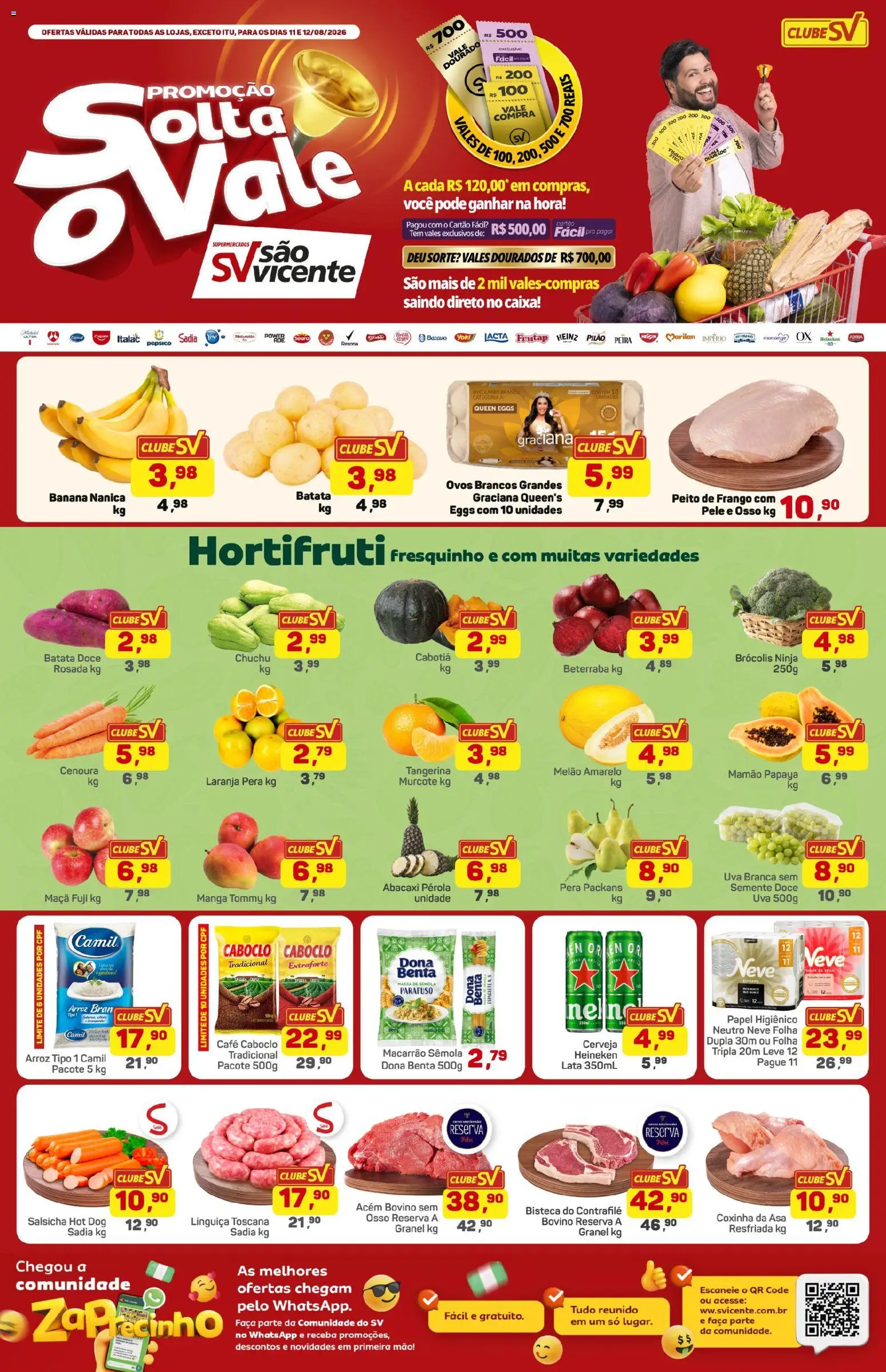 Supermercados São Vicente Folheto - válido de 11/08/2026 | Página: 1 | Produtos: Acém, Cenoura, Mamão, Doce