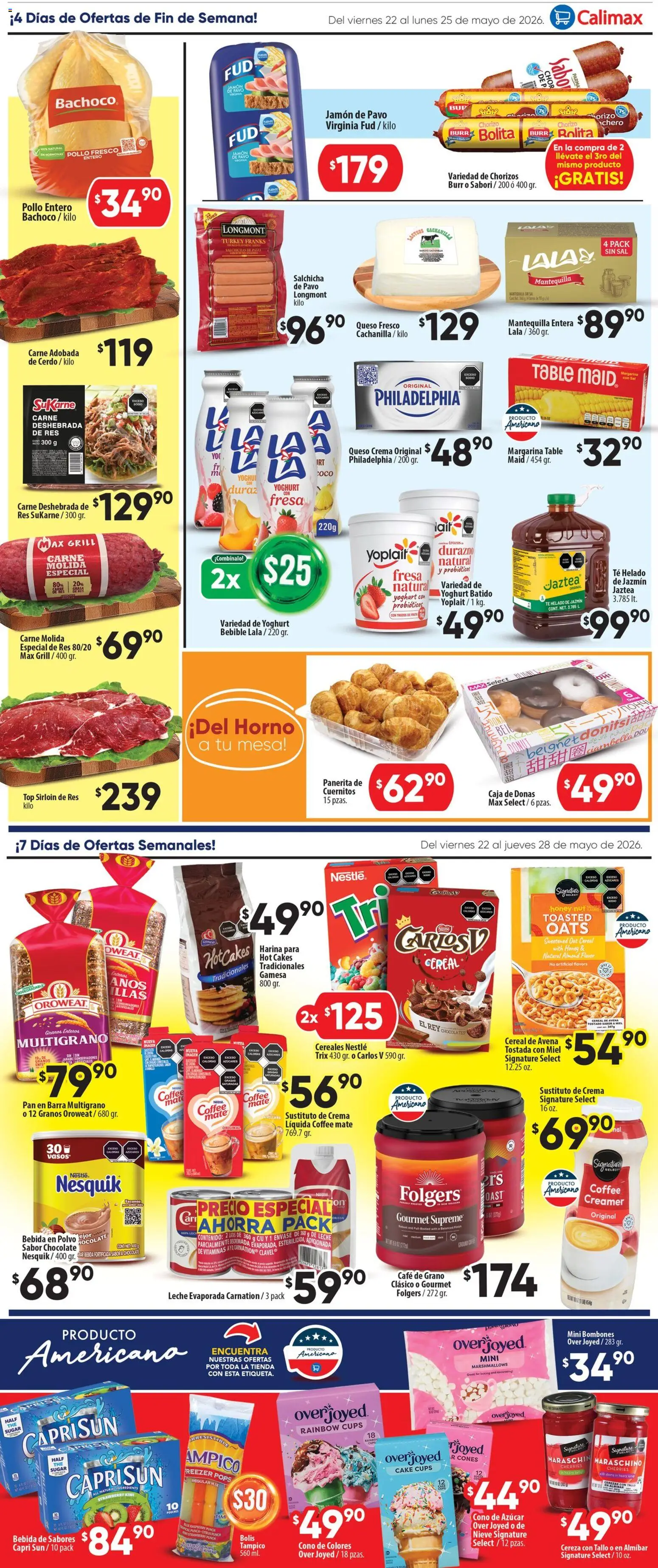 Nuevas ofertas de Calimax válidas en toda la República Mexicana desde el 22.05.2026. ¡Encuentra las mejores ofertas en Calimax folleto Mexicali y SLRC! | Página: 2 | Productos: Queso crema, Chorizo, Kiwi, Mesa