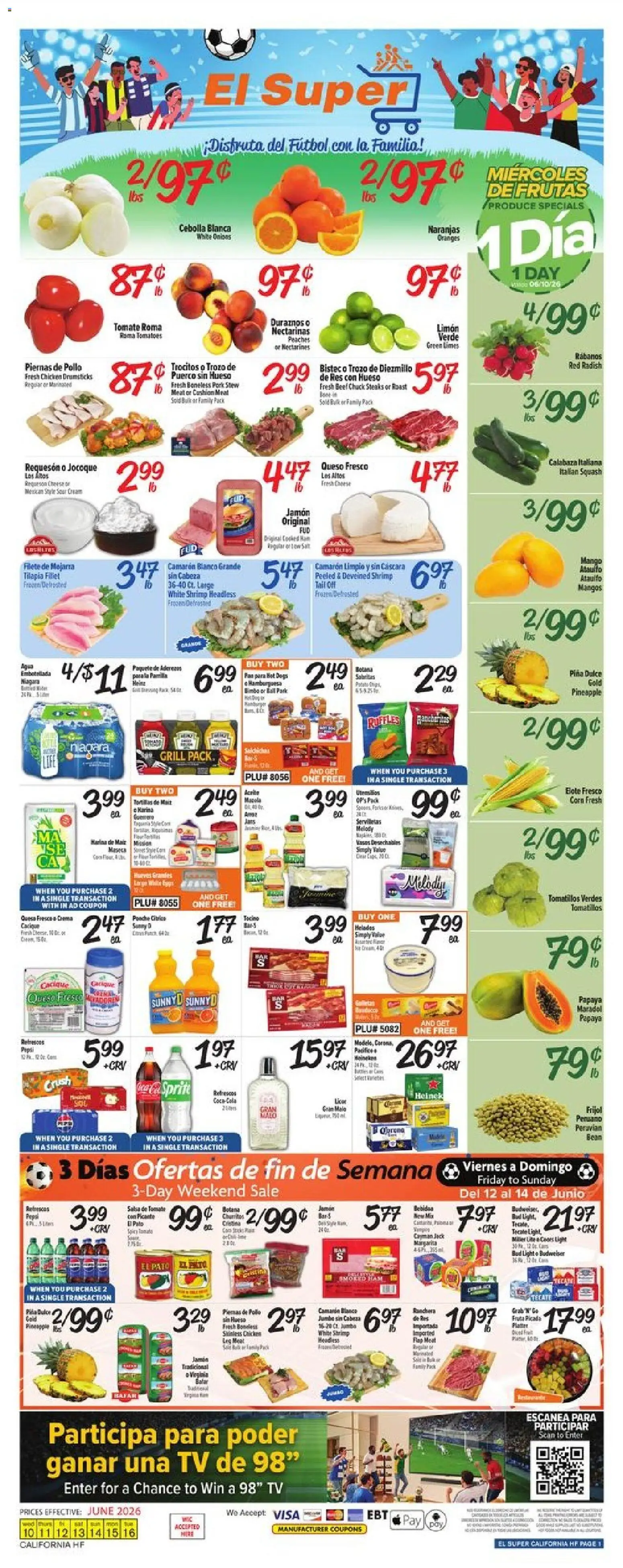 El Super Weekly Ad - CA - valid from 10.06.2026 | Page: 1 | Products: Corn, Peaches, Tomatoes, Pineapple