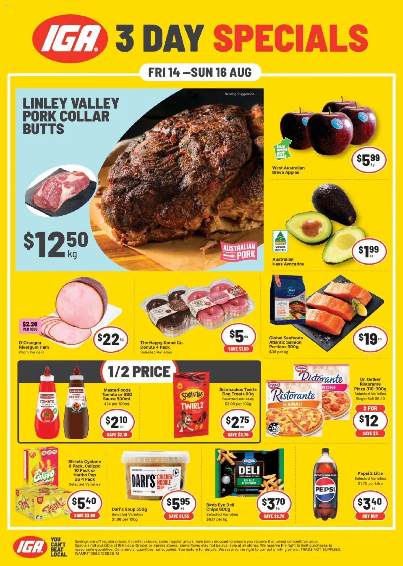 IGA catalogue - valid from 14/08/2026 | Page: 1 | Products: Ham, Pizza, Salmon, Sauce