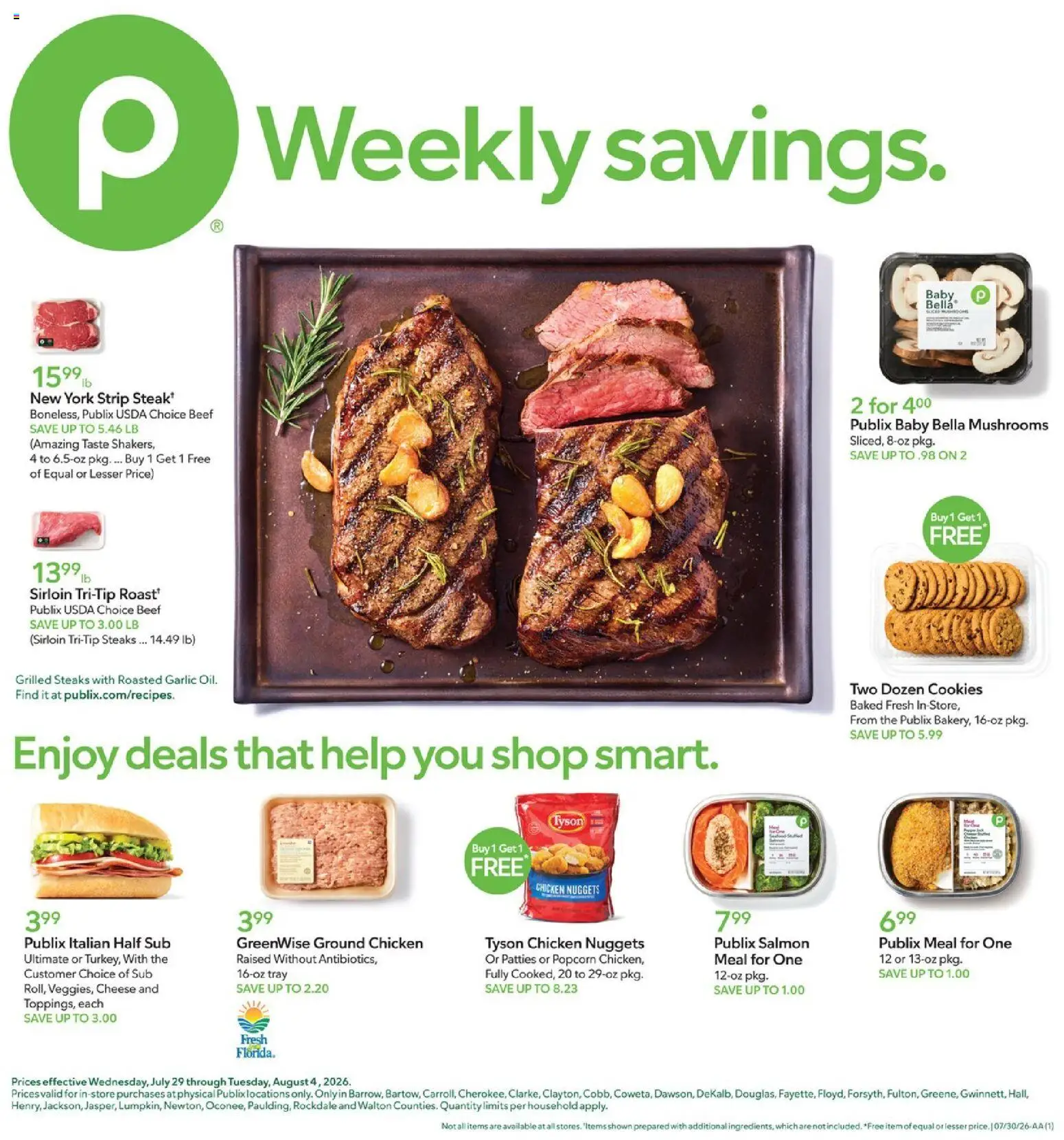 Publix Weekly Ad - valid from 07/29/2026 | Page: 1 | Products: Mushrooms, Beef, Cookies, Garlic