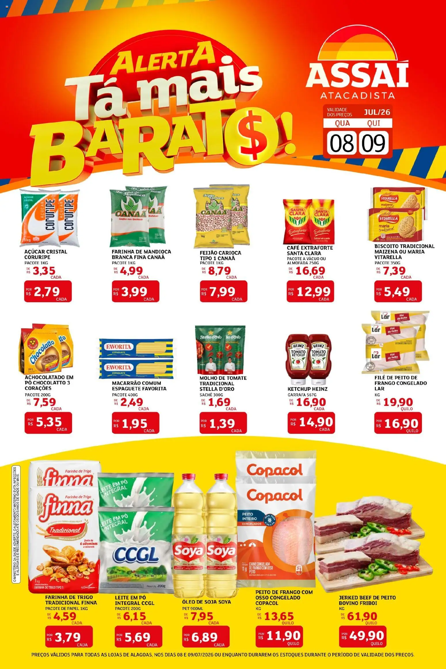 Assaí Atacadista Folheto - válido de 08/07/2026 | Página: 1 | Produtos: Macarrão, Açúcar, Leite em pó, Peito de frango