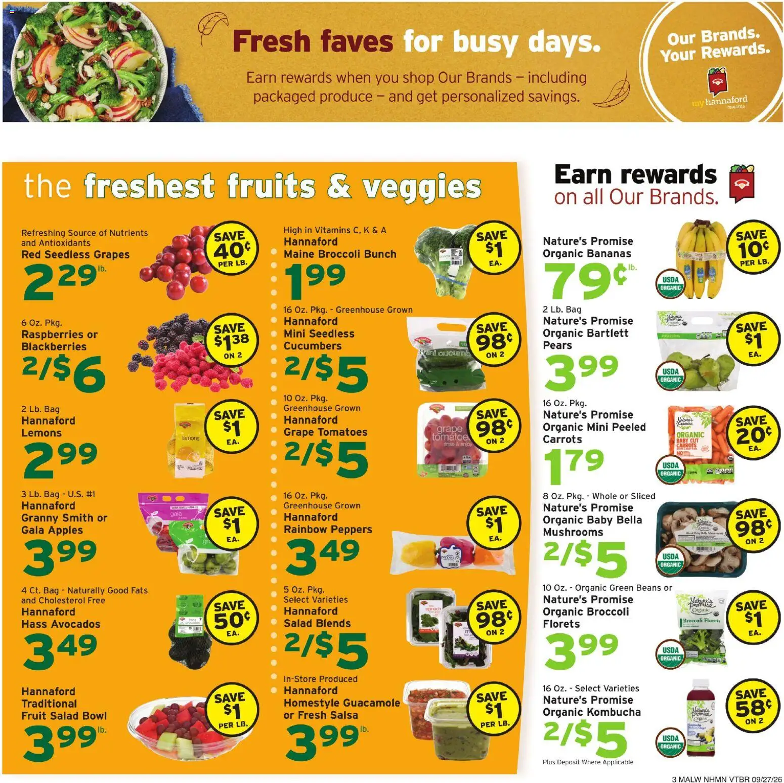 Hannaford Weekly Ad - valid from 09/27/2026 | Page: 3 | Products: Apples, Cucumbers, Seedless grapes, Beans