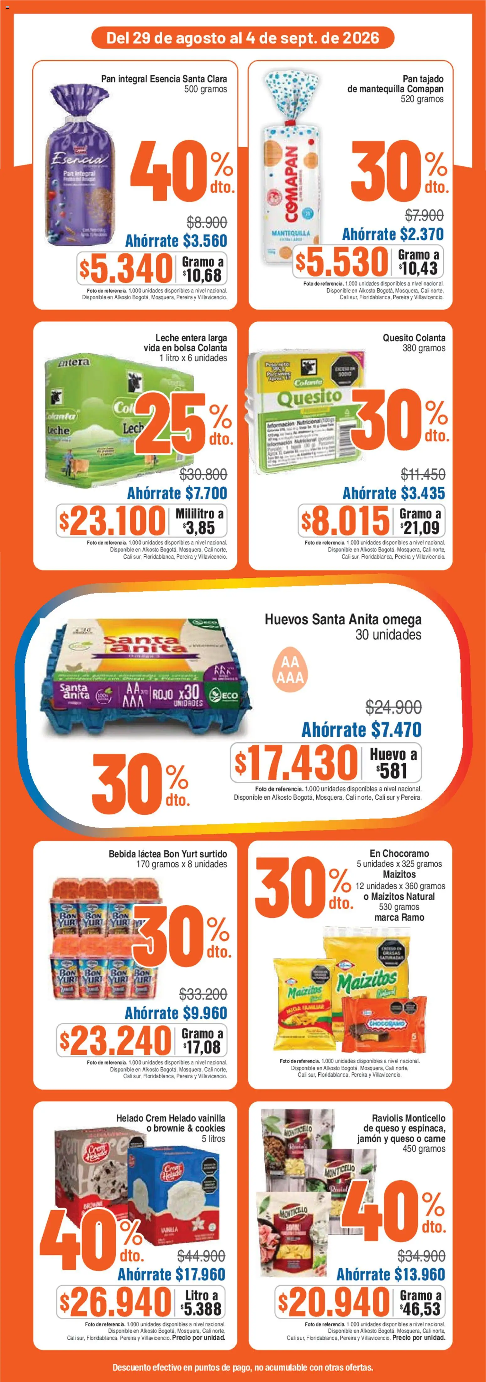 Alkosto revista - valida desde el 29/08/2026 | Página: 4 | Productos: Omega, Leche entera, Queso, Huevos