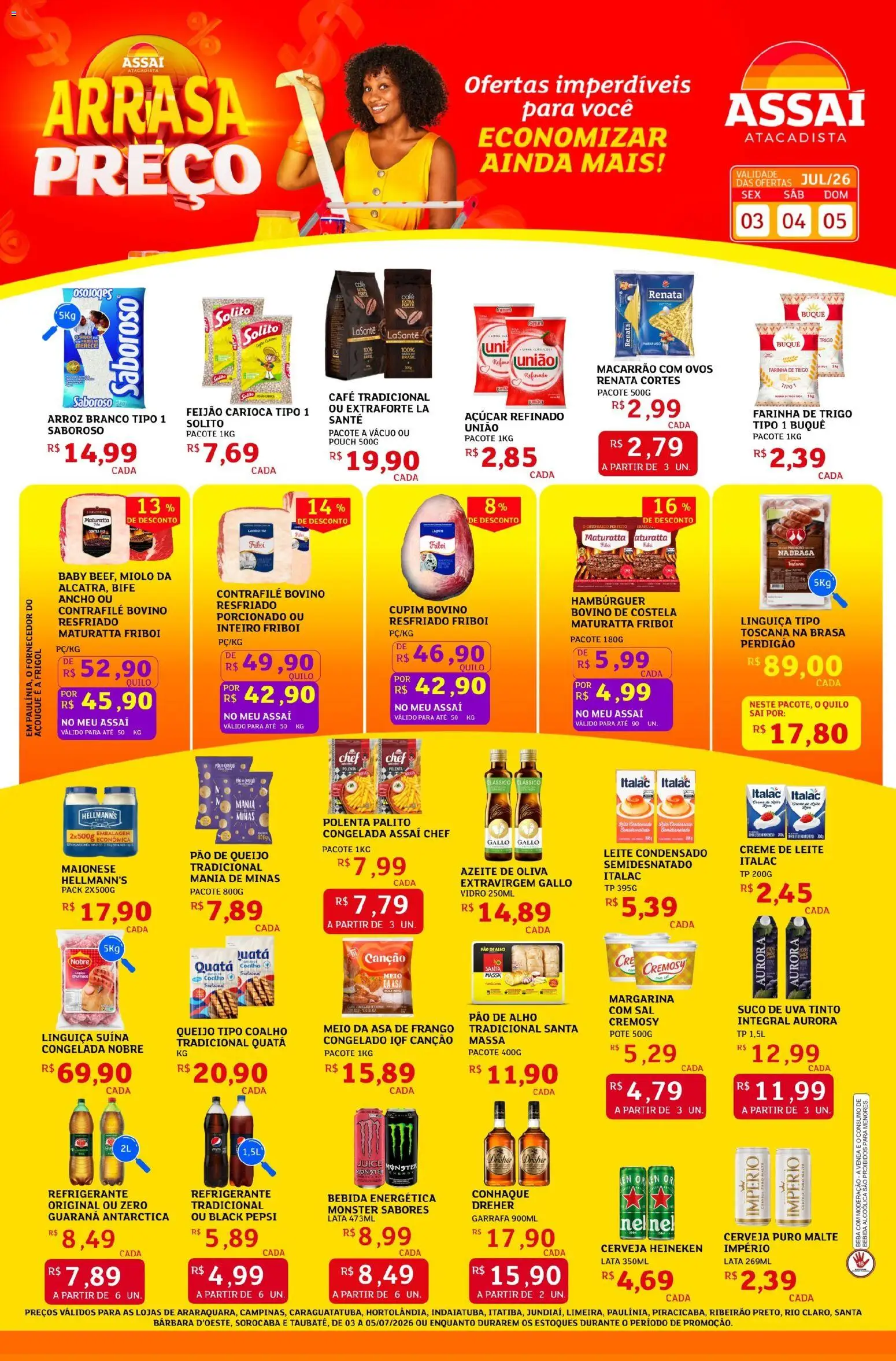 Assaí Atacadista Folheto - válido de 03/07/2026 | Página: 1 | Produtos: Feijão, Pão, Suco, Sal