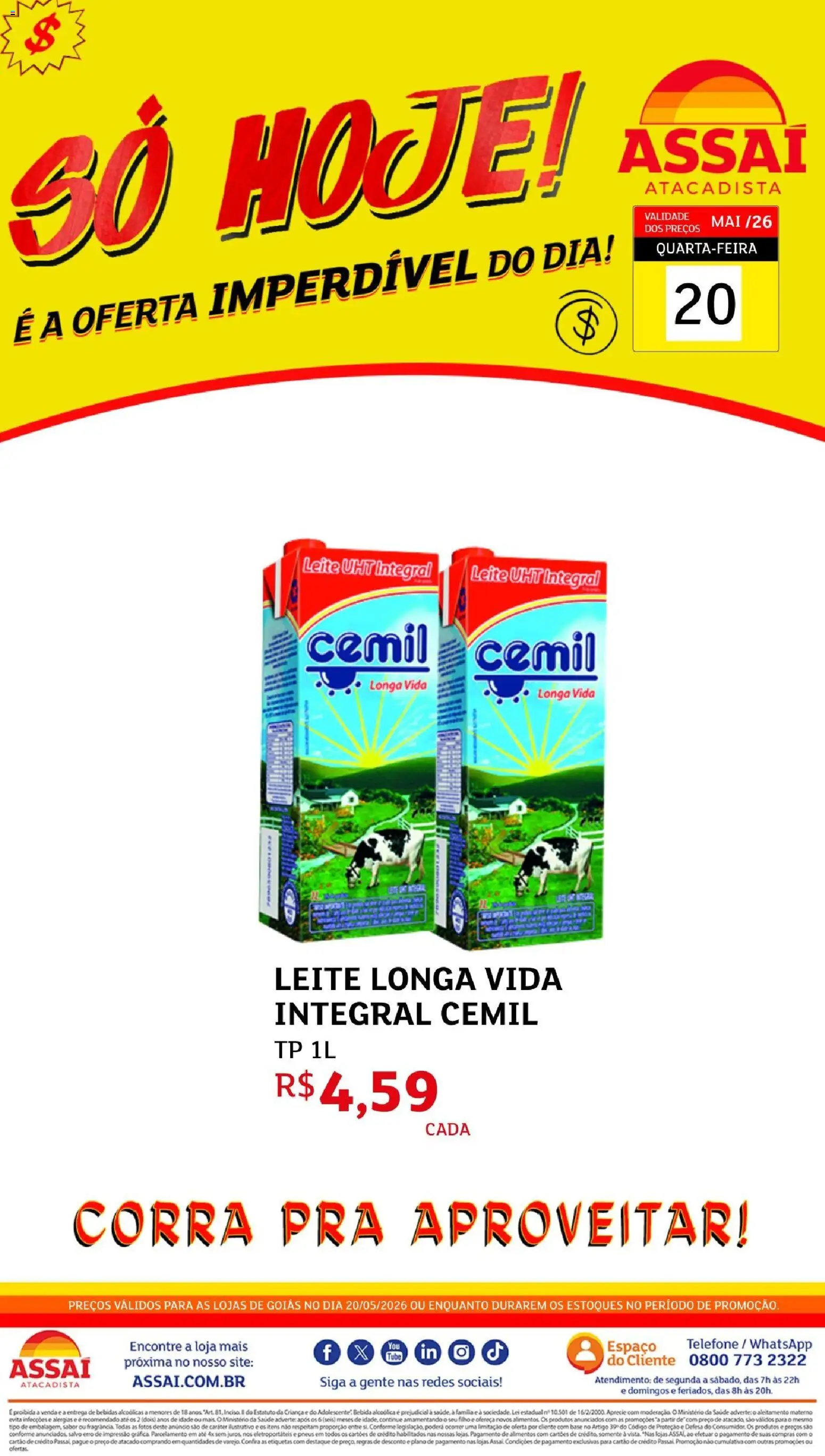 Assaí Atacadista Folheto - válido de 20.05.2026 | Página: 1 | Produtos: Leite, Pneus, Base, Bebida