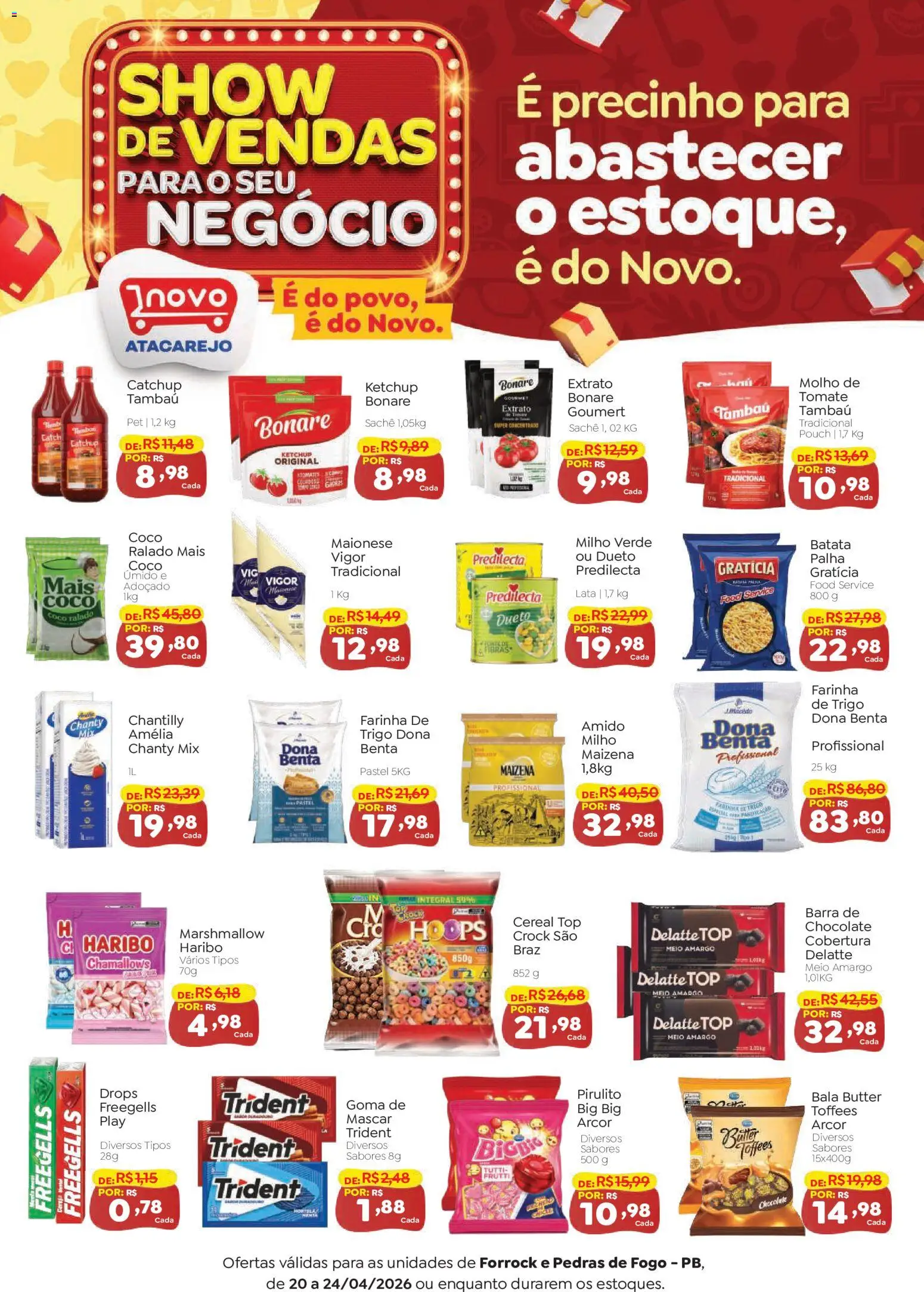 Novo Atacarejo Folheto - válido de 20.04.2026 | Página: 1 | Produtos: Coco, Milho verde, Chocolate, Bala