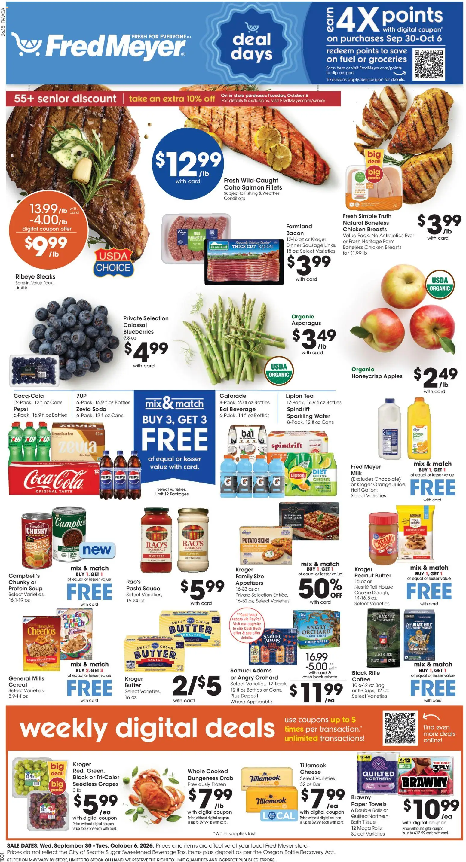 Fred Meyer Weekly Ad - valid from 09/30/2026 | Page: 1 | Products: Meat, Beer, Tea, Seedless grapes