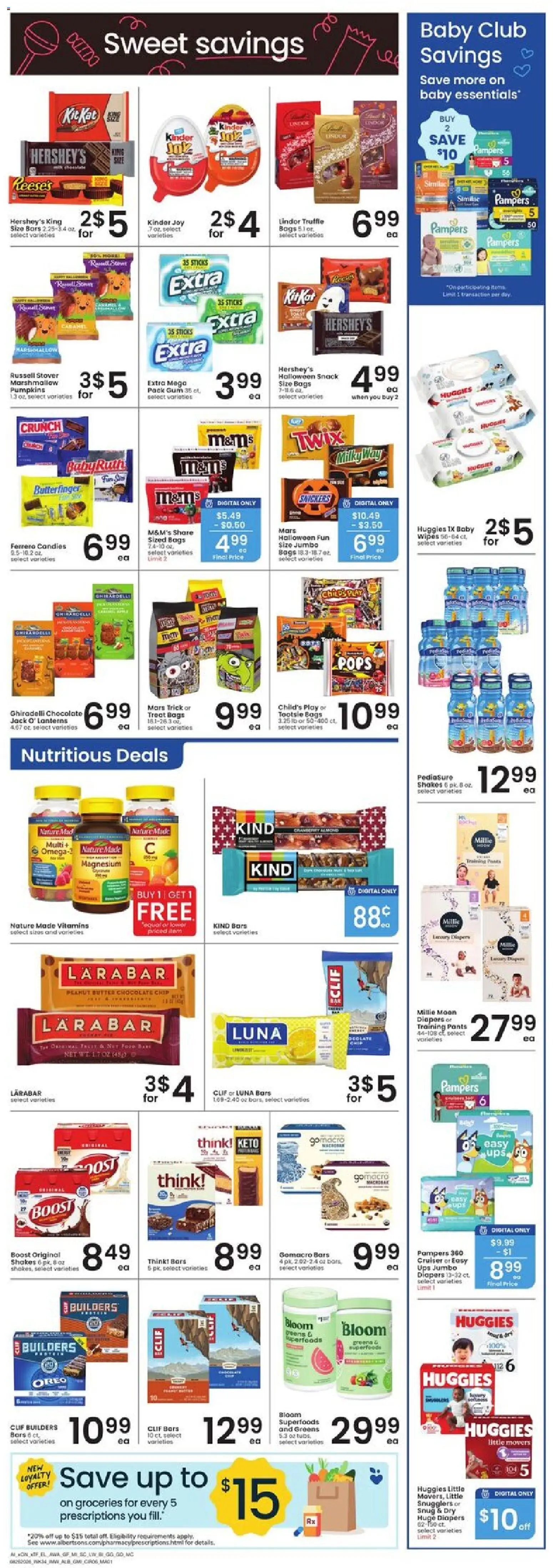 Albertsons Weekly Ad - valid from 08/26/2026 | Page: 7 | Products: Diapers, Chocolate, Greens, Snickers