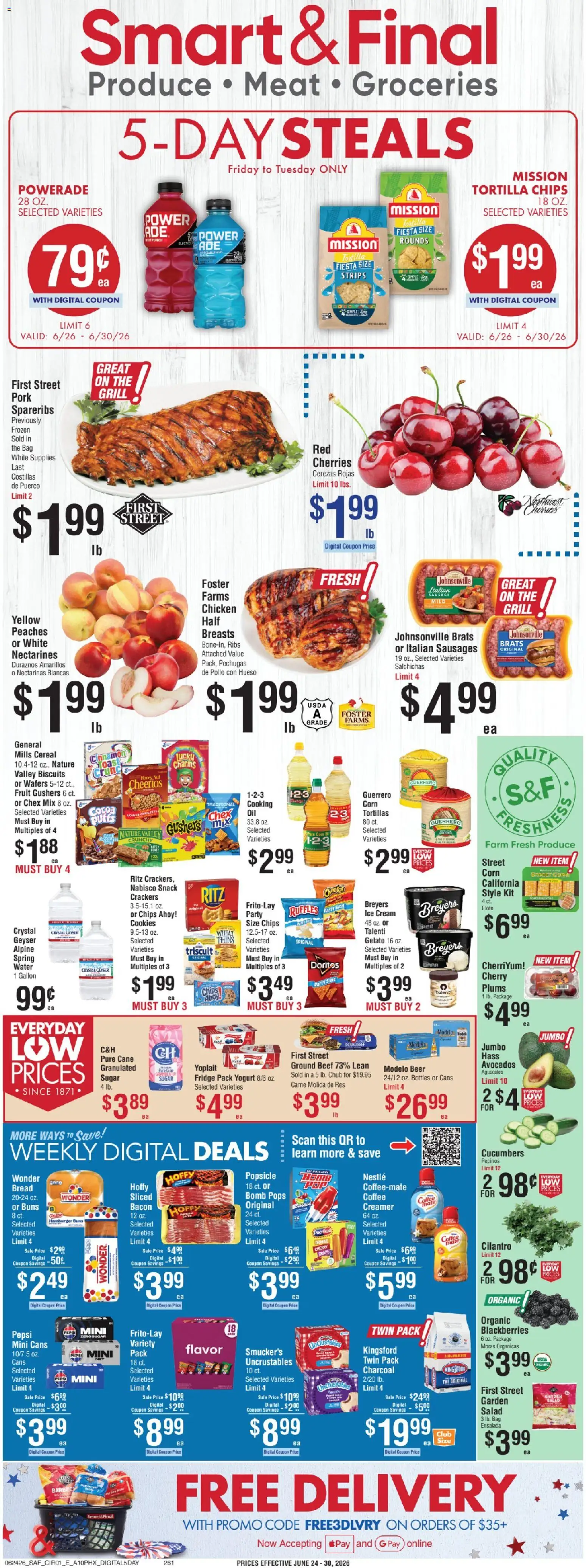 Smart & Final Weekly Ad - valid from 06/26/2026 | Page: 1 | Products: Cherries, Peaches, Bread, Ice cream