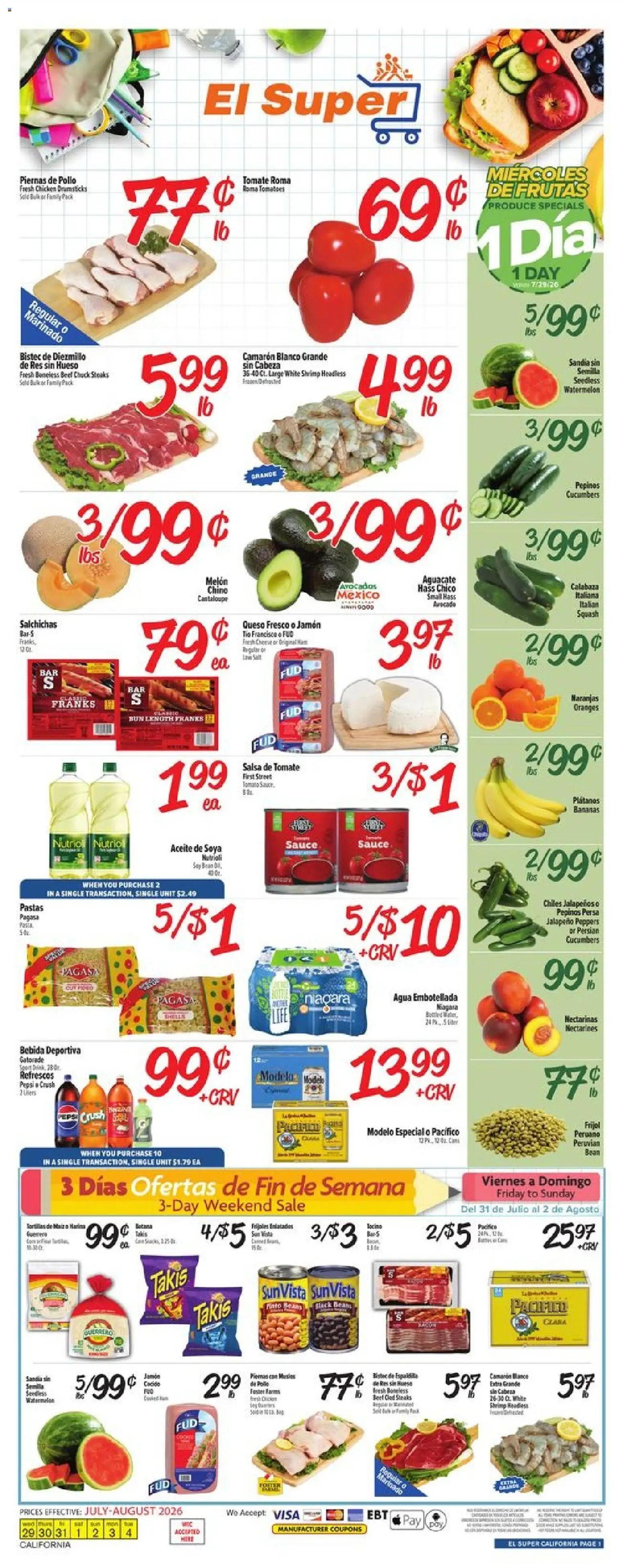 El Super Weekly Ad - CA - valid from 07/29/2026 | Page: 1 | Products: Squash, Jalapeno peppers, Ham, Melon