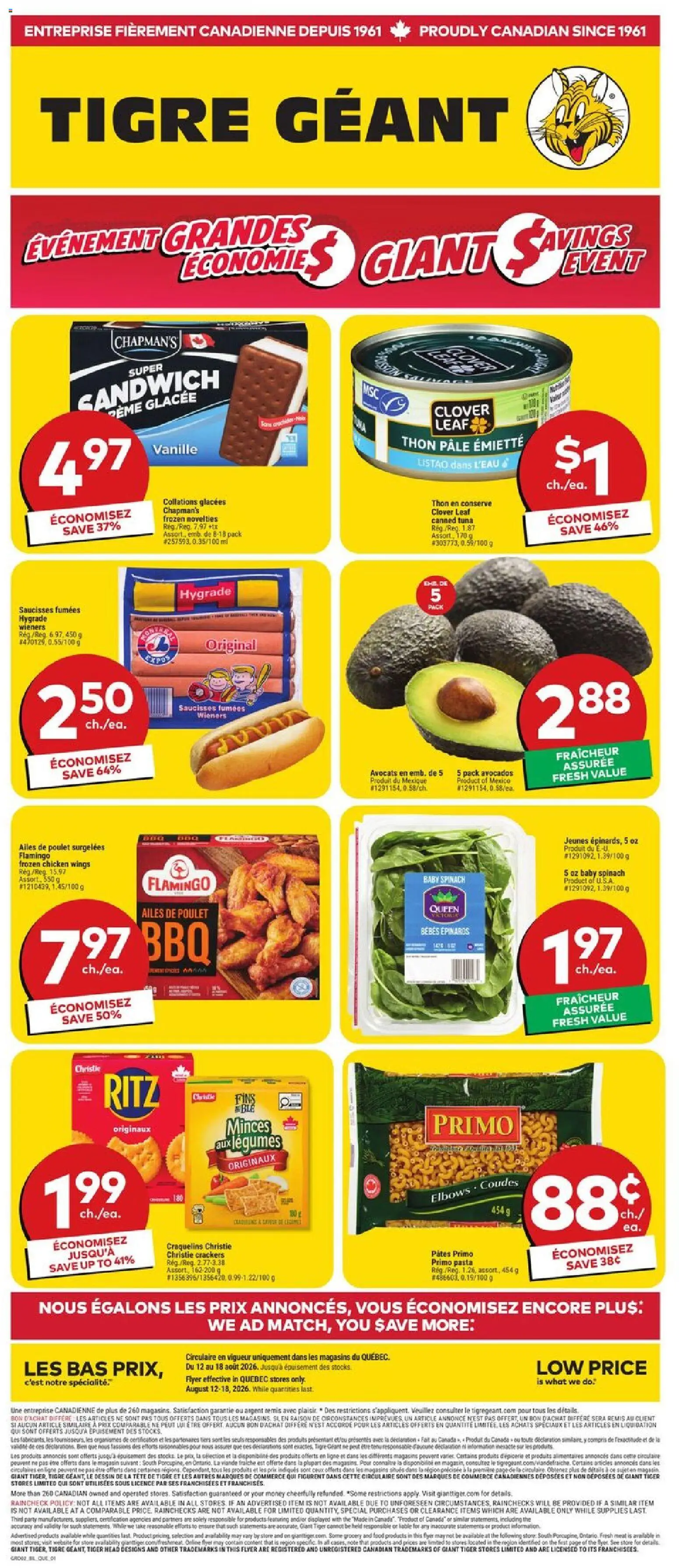 Giant Tiger flyer valid from Aug 12, 2026 | Page: 1 | Products: Tuna, Baby spinach, Meat, Food