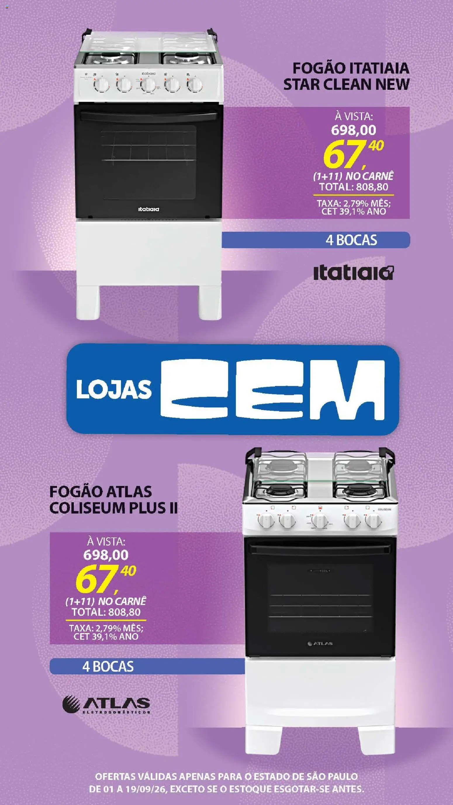 Lojas Cem Folheto - válido de 01/09/2026 | Página: 51 | Produtos: Fogão, Carne, Eletrodomésticos