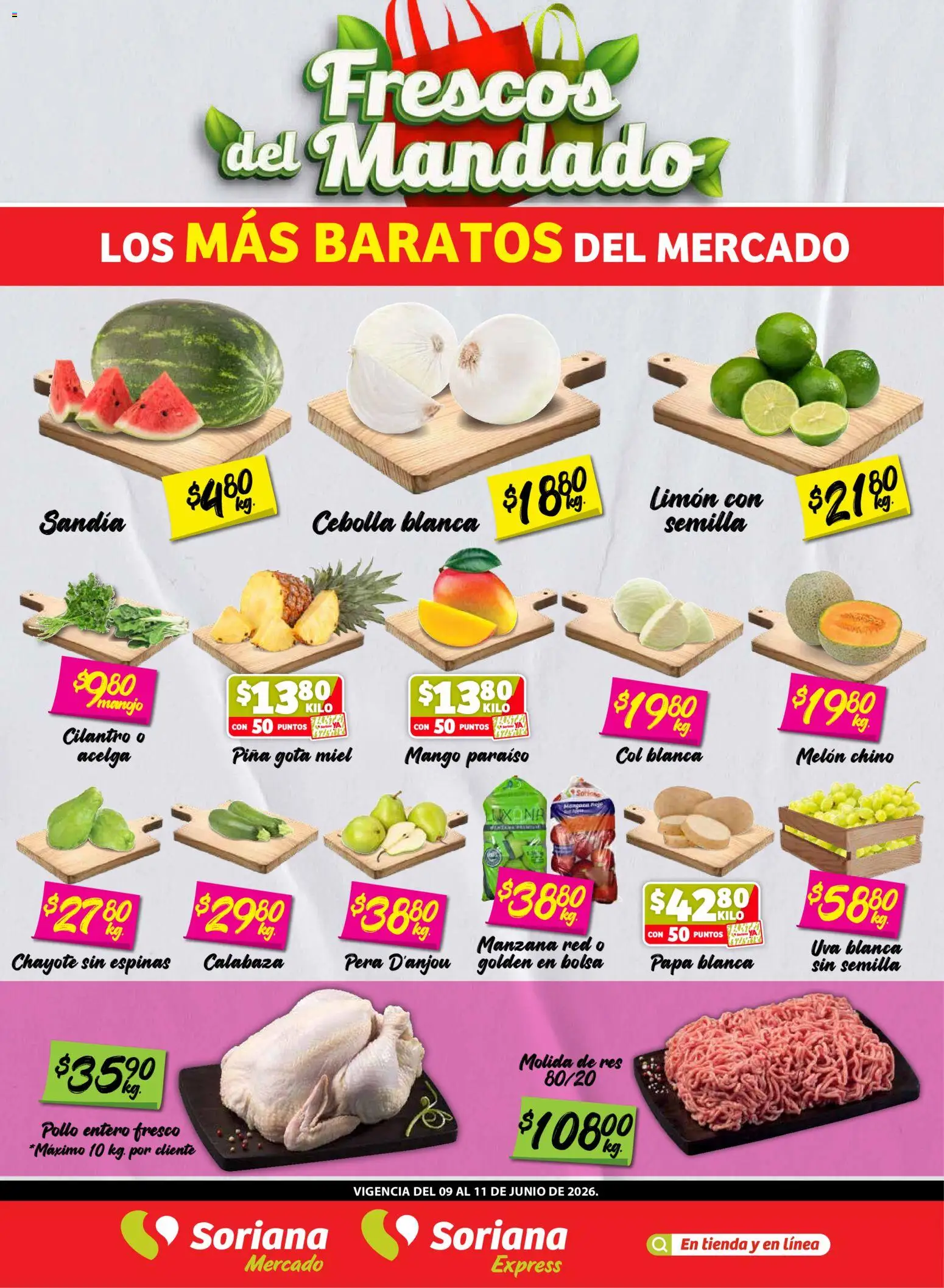 Nuevas ofertas de Soriana válidas en toda la República Mexicana desde el 09.06.2026. ¡Encuentra las mejores ofertas en Soriana Frescos del Mandado Mercado: Coah, Chih y Dur (excepto Torreón y Saltillo)! | Página: 1 | Productos: Cebolla, Melón, Bolsa, Res