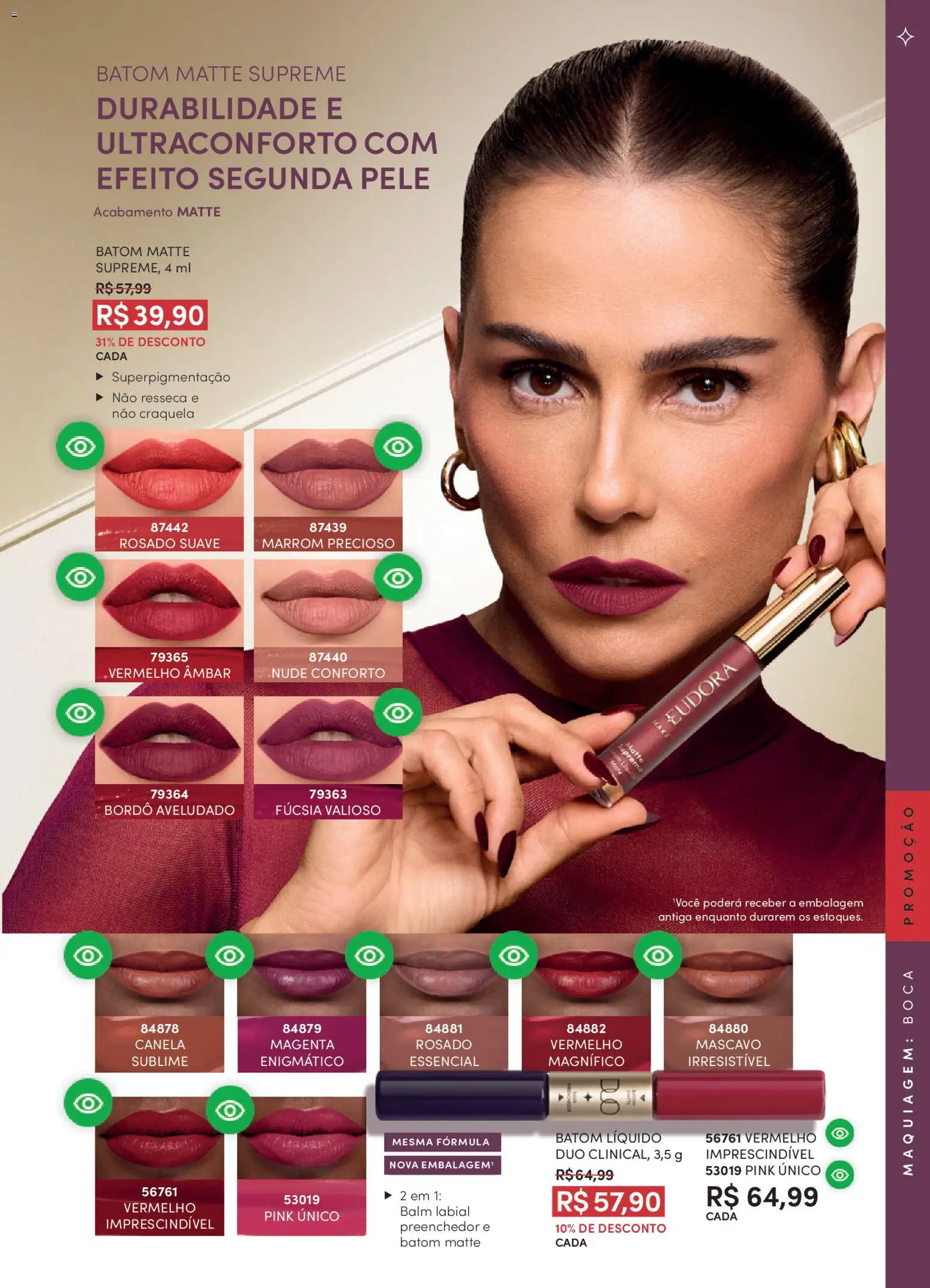 Eudora Folheto - válido de 01.04.2026 | Página: 23 | Produtos: Maquiagem, Batom, Segunda pele, Canela