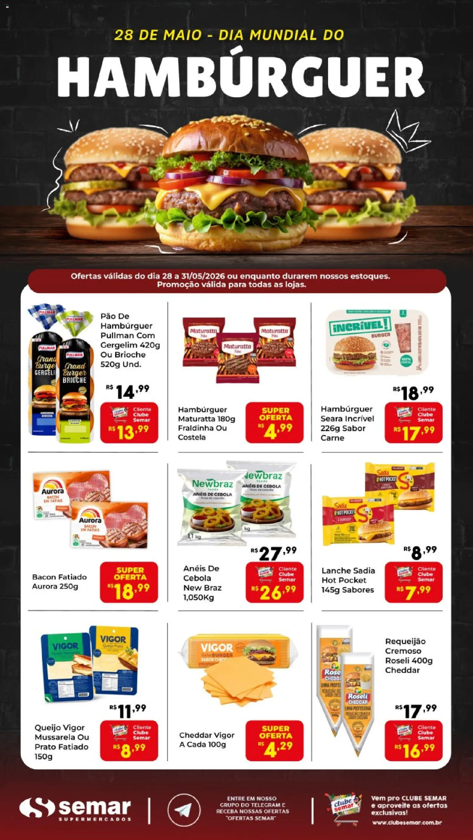 Semar Supermercado Folheto - válido de 28.05.2026 | Página: 1 | Produtos: Cebola, Fraldinha, Hambúrguer, Requeijão