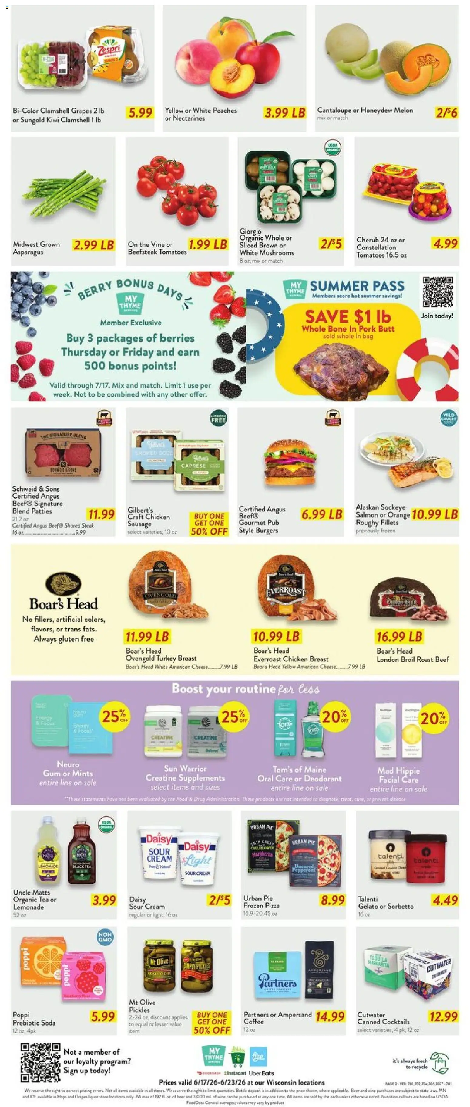 Fresh Thyme Weekly Ad - WI - valid from 17.06.2026 | Page: 5 | Products: Peaches, Mushrooms, Pizza, Grapes