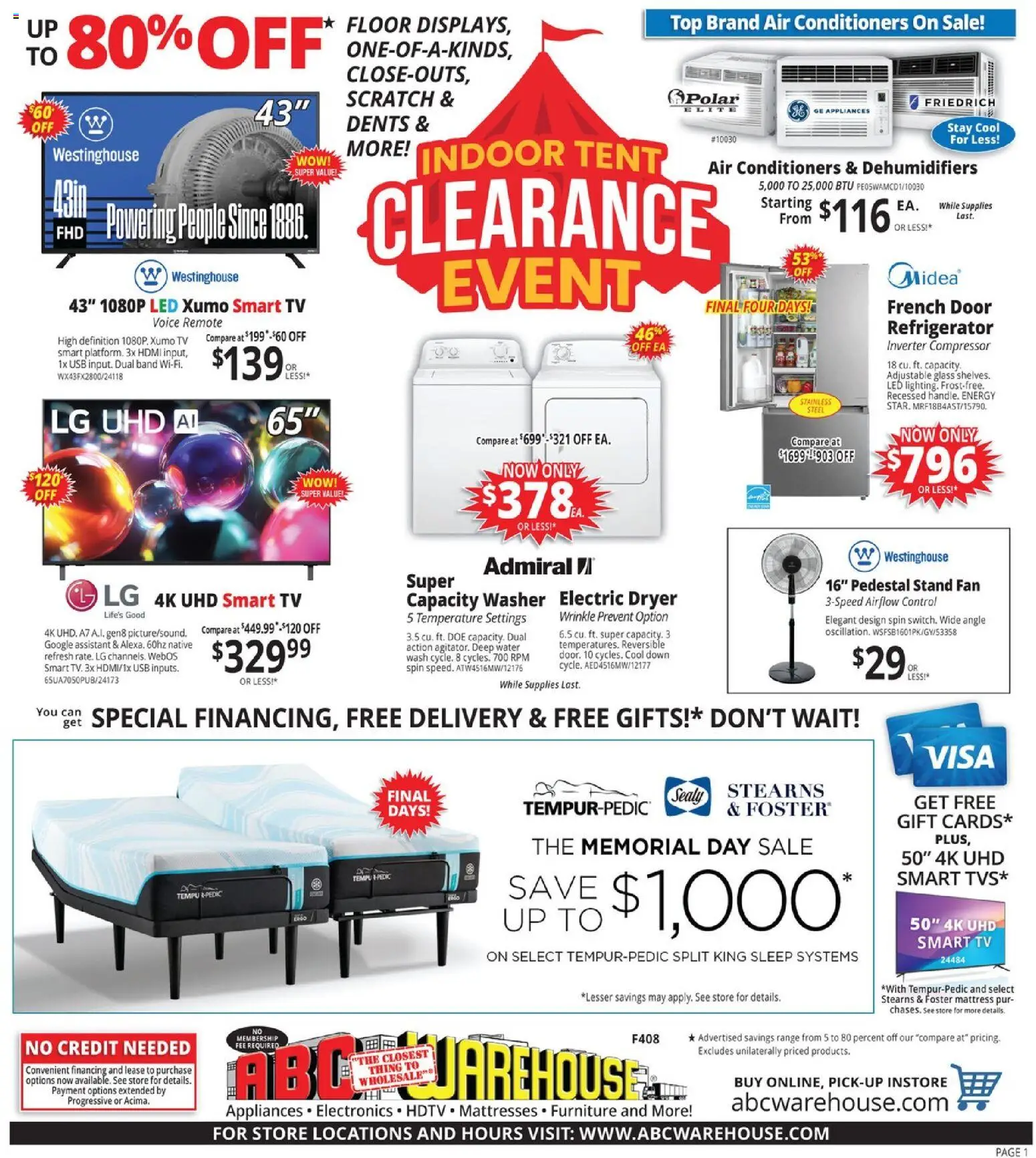 ABC Warehouse Weekly Ad - valid from 31.05.2026 | Page: 1 | Products: Tent, Water, Refrigerator, Fan