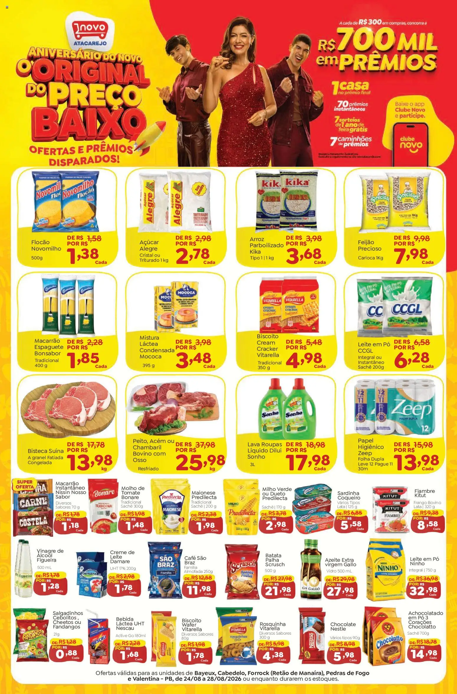 Novo Atacarejo Folheto - válido de 24/08/2026 | Página: 1 | Produtos: Feijão, Leite integral, Vinagre, Chocolate