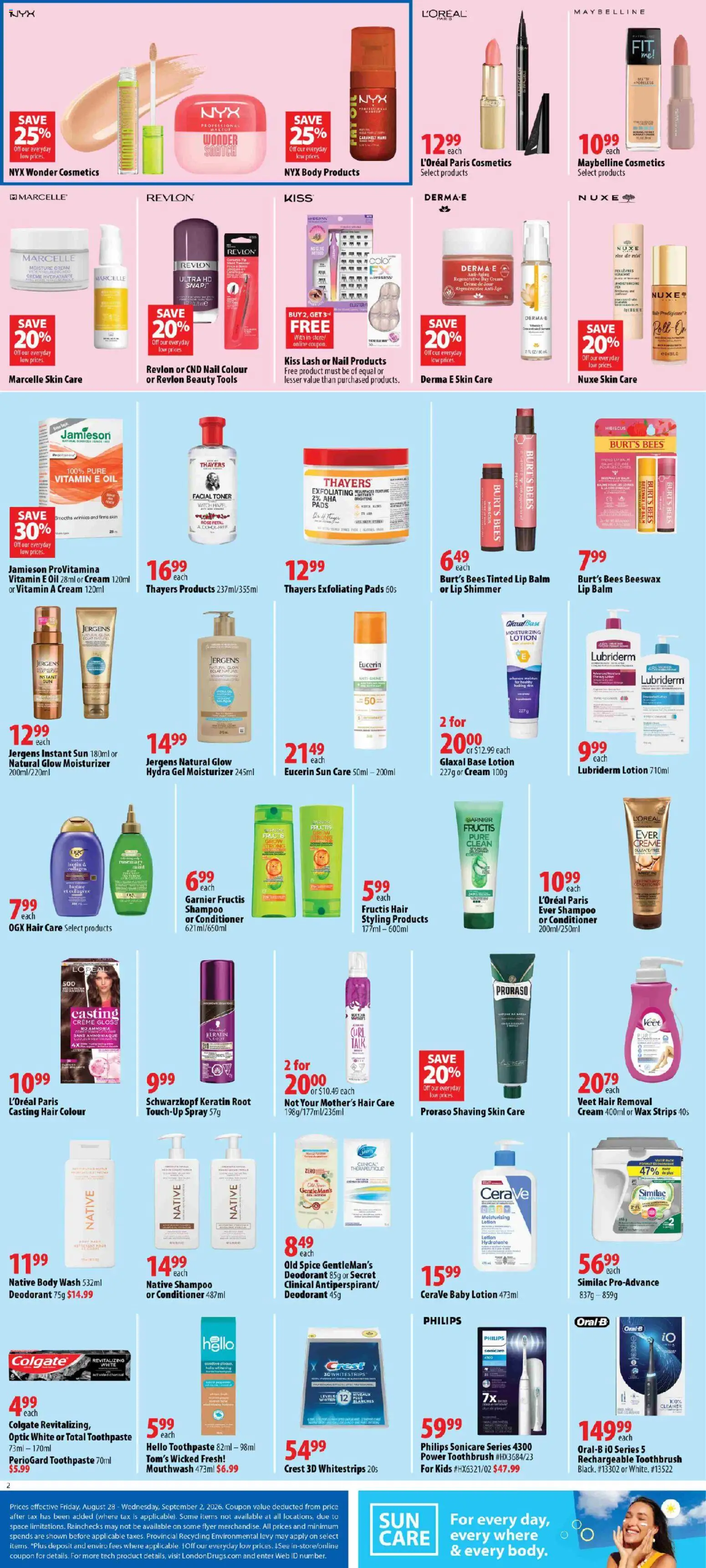 London Drugs flyer valid from Aug 28, 2026 | Page: 3 | Products: Shampoo, Conditioner, Strips, Deodorant