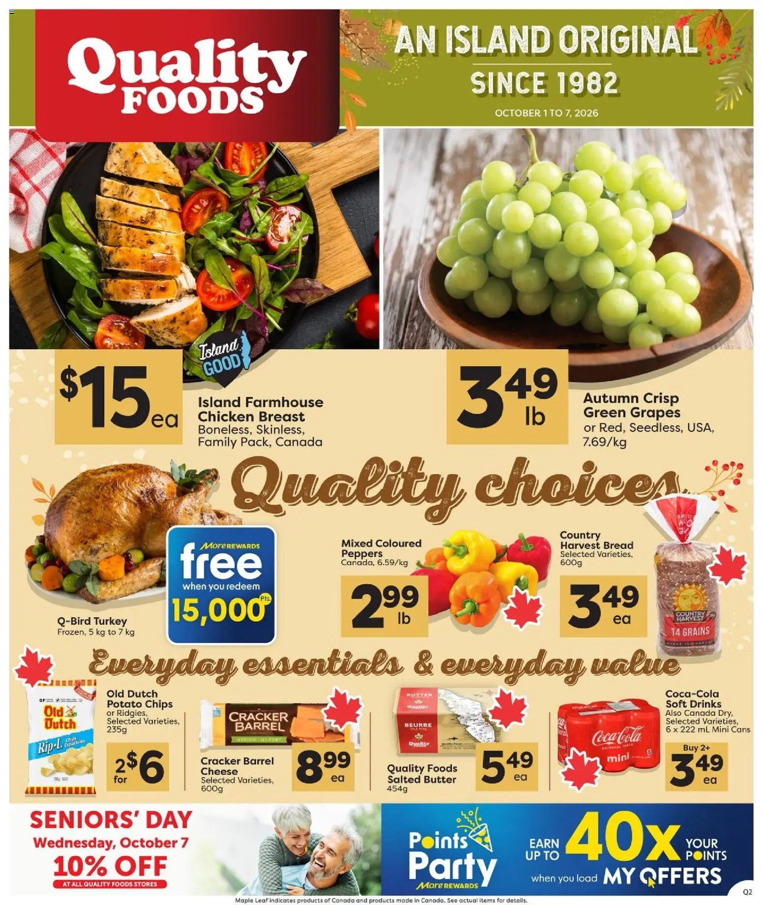 Quality Foods flyer valid from Oct 1, 2026 | Page: 1 | Products: Drinks, Cheese, Bread, Grapes