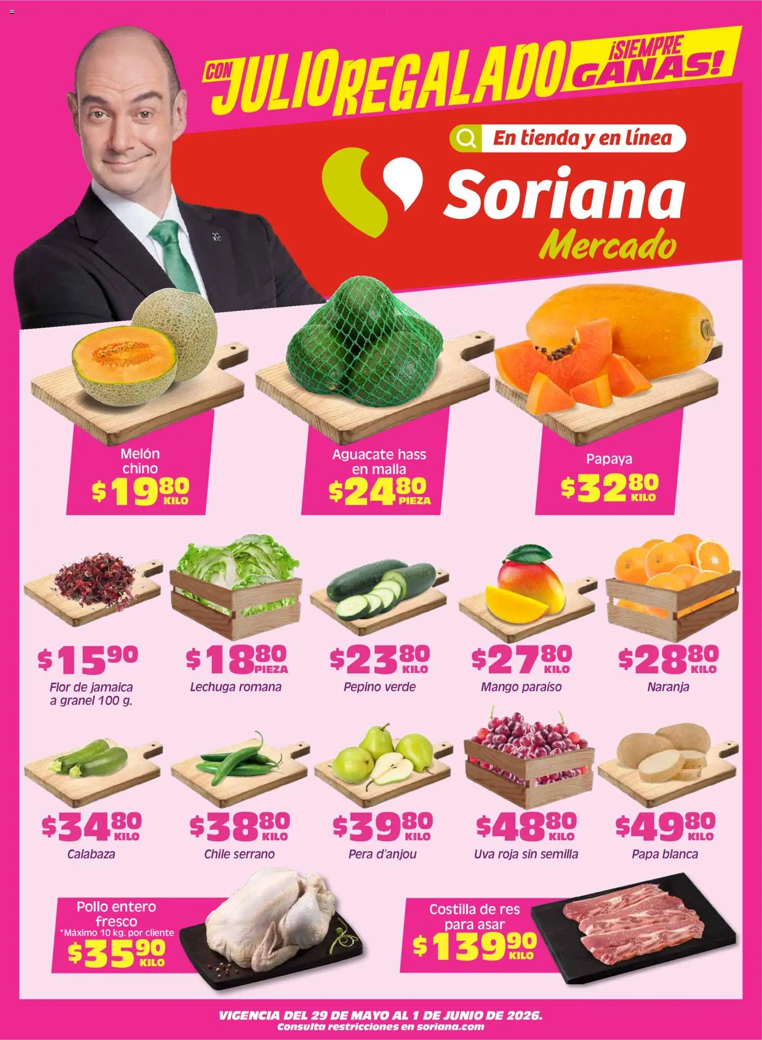 Nuevas ofertas de Soriana válidas en toda la República Mexicana desde el 29.05.2026. ¡Encuentra las mejores ofertas en Soriana Fin de Semana Mercado: Coah, Chih y Dur! | Página: 1 | Productos: Pera, Melón, Lechuga, Res