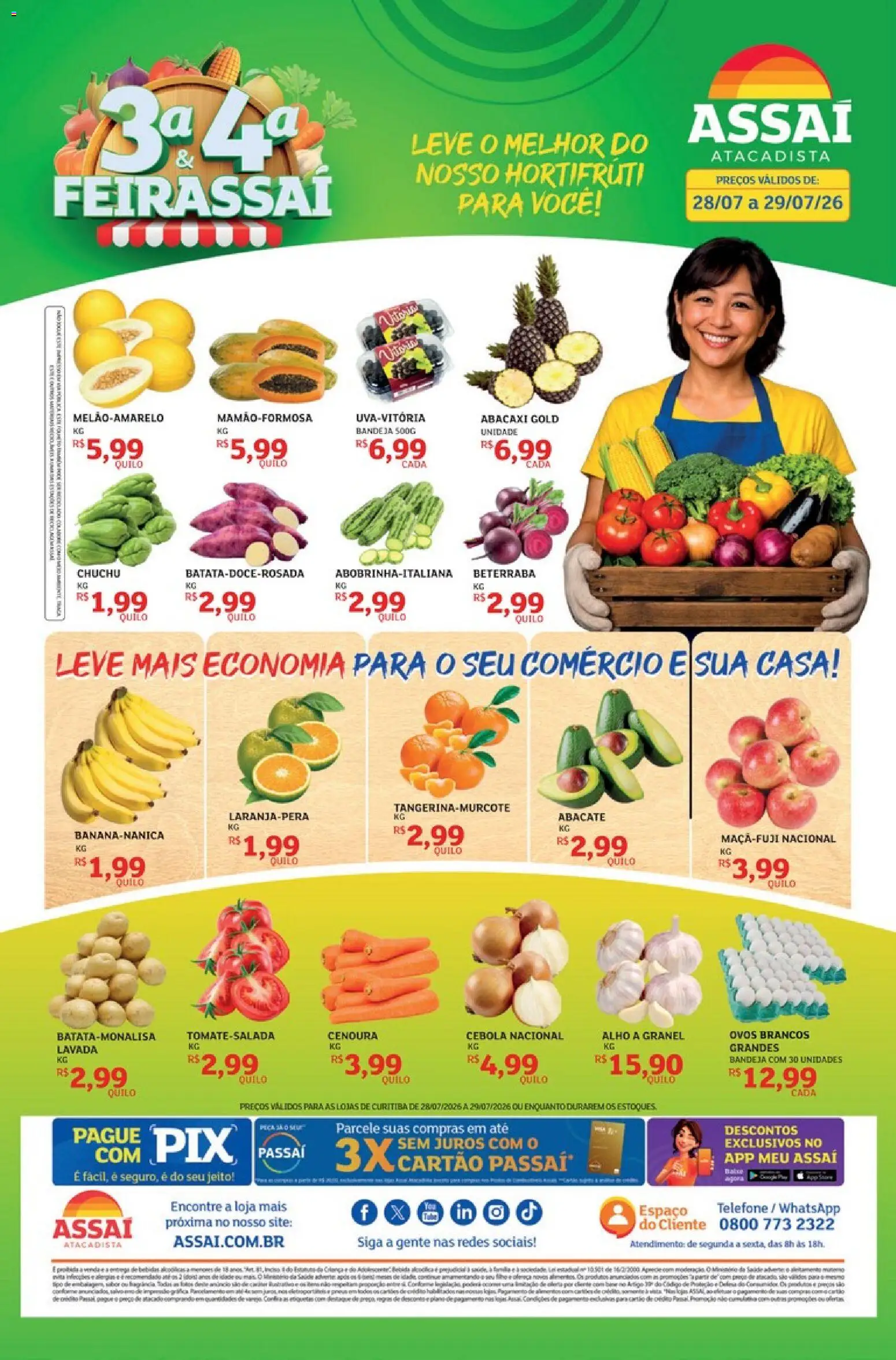Assaí Atacadista Folheto - válido de 28/07/2026 | Página: 1 | Produtos: Chuchu, Ovos, Cenoura, Telefone