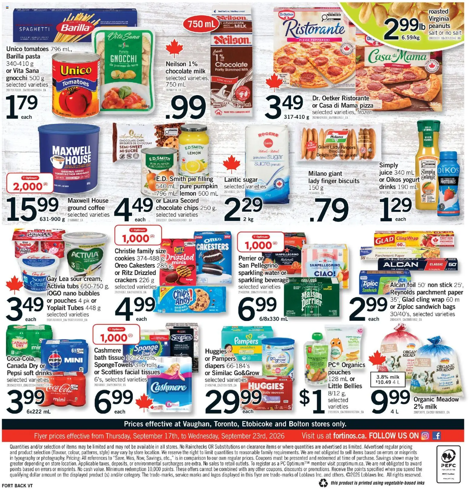 Fortinos flyer valid from Sep 17, 2026 | Page: 2 | Products: Oreo, PC, Sponge, Tissues
