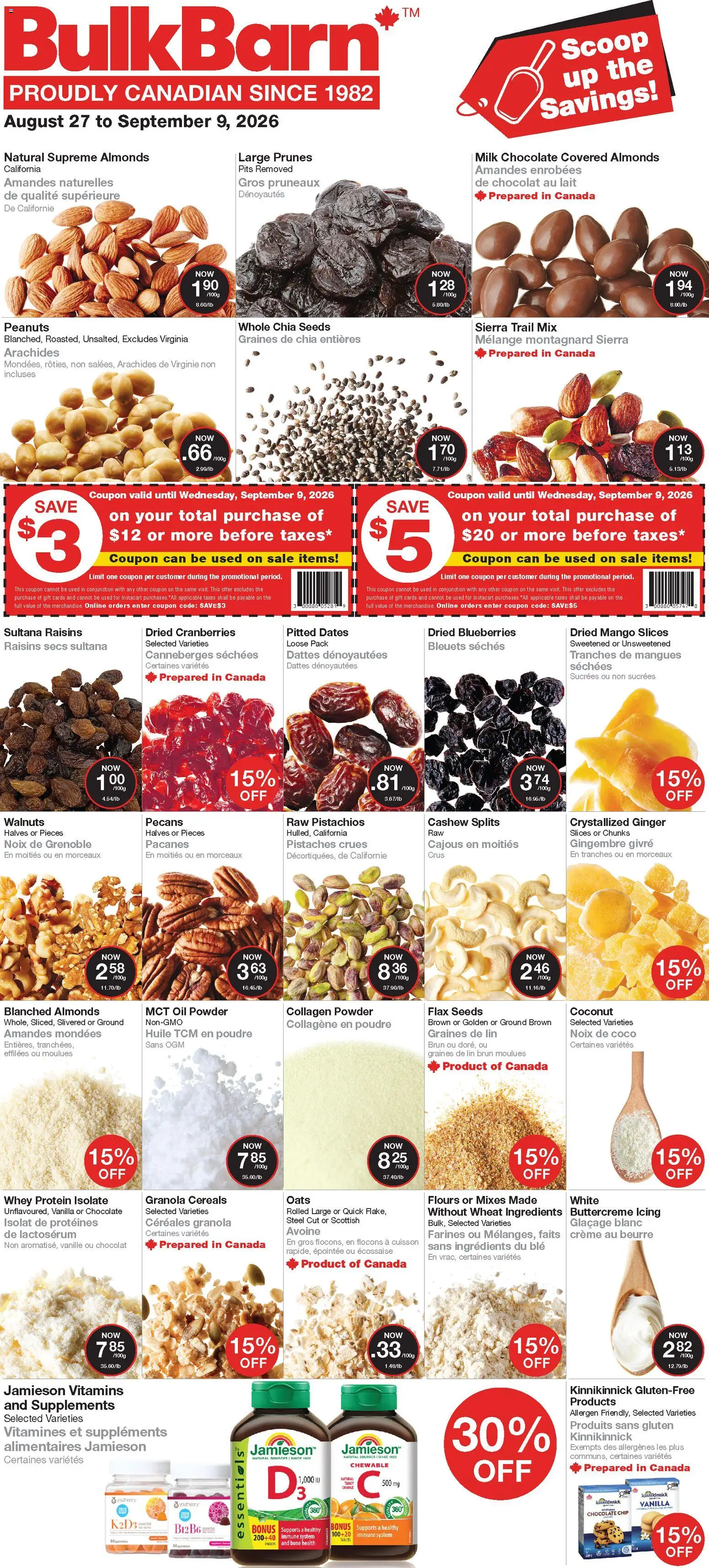 Bulk Barn flyer valid from Aug 27, 2026 | Page: 1 | Products: Almonds, Powder, Milk, Oil
