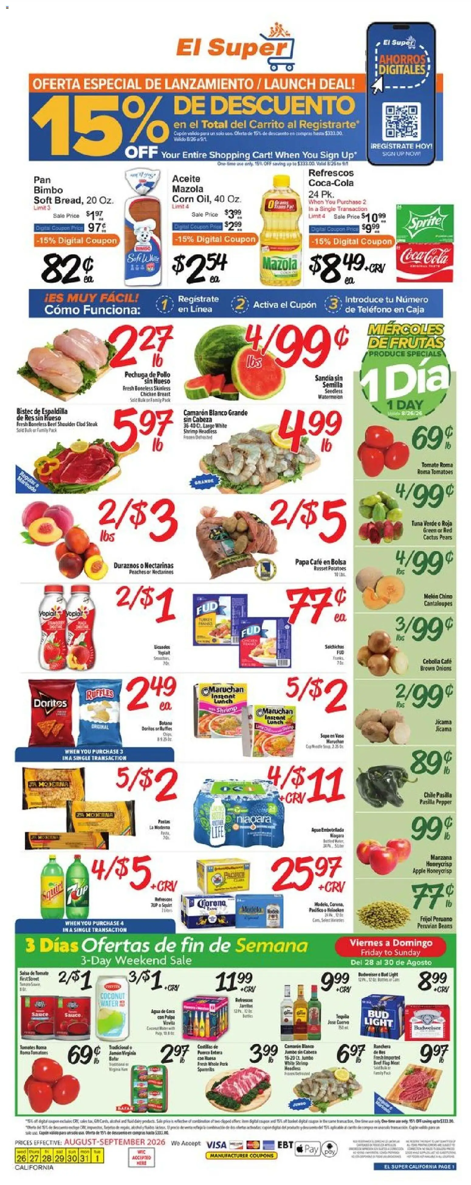 El Super Weekly Ad - CA - valid from 08/26/2026 | Page: 1 | Products: Shrimp, Tomatoes, Water, Tuna