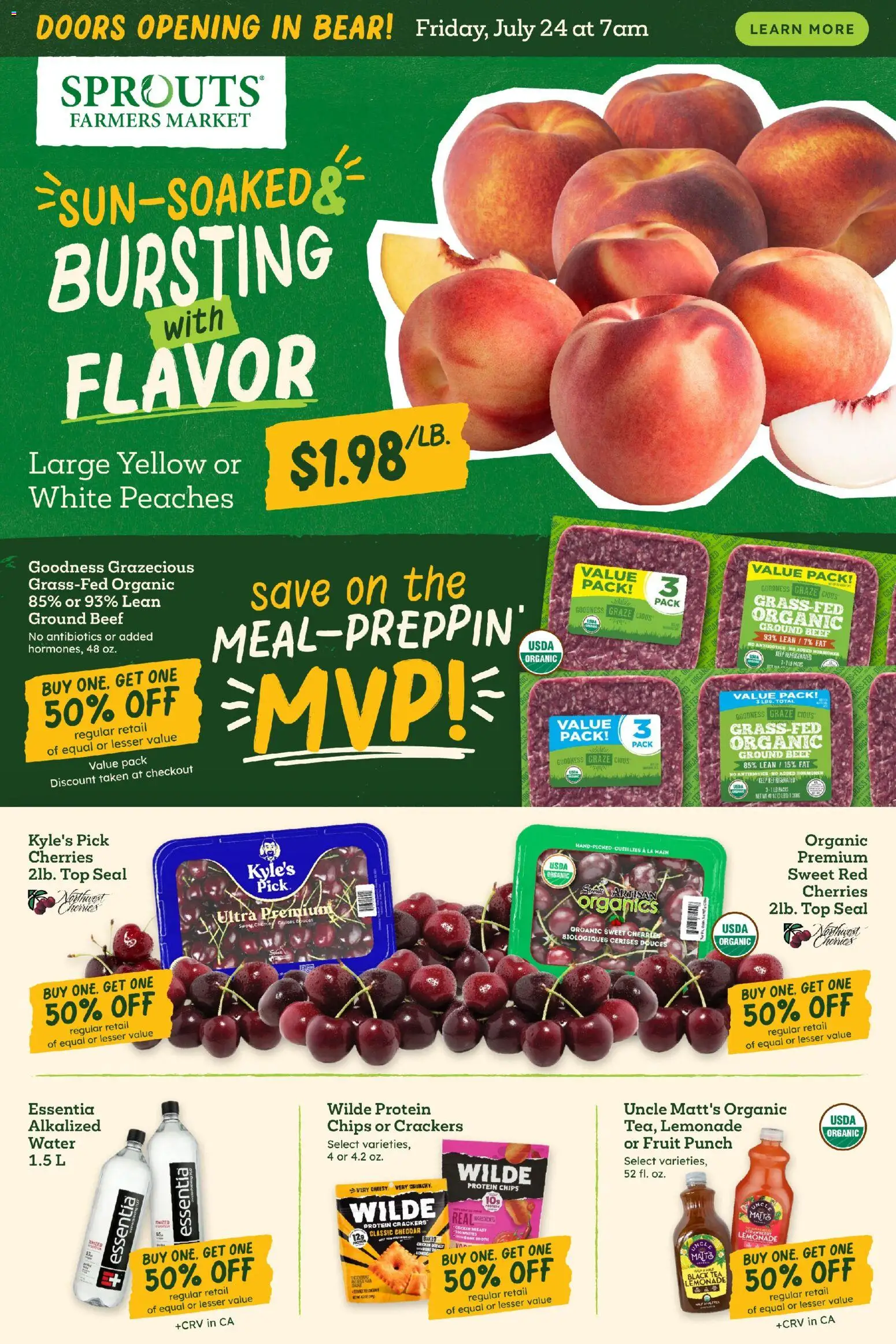Sprouts Weekly Ad - valid from 07/15/2026 | Page: 1 | Products: Cherries, Peaches, Tea, Water
