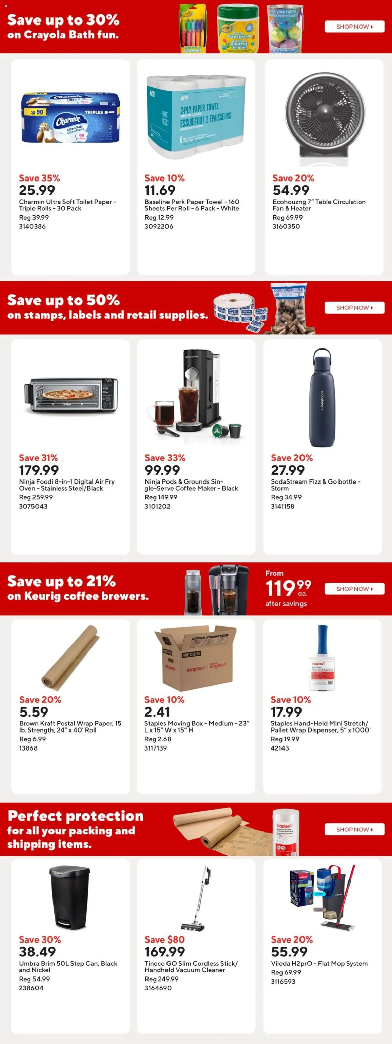 Staples flyer valid from Aug 7, 2026 | Page: 11 | Products: Oven, Toilet paper, Box, Coffee