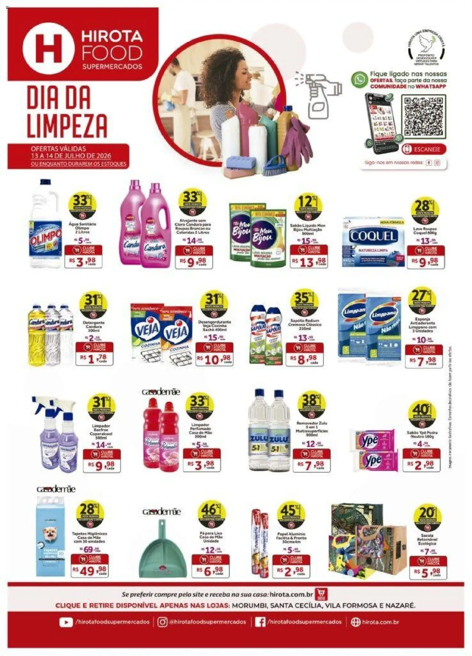 Hirota Food Folheto - válido de 13/07/2026 | Página: 1 | Produtos: Alvejante, Sabão, Detergente, Roupas